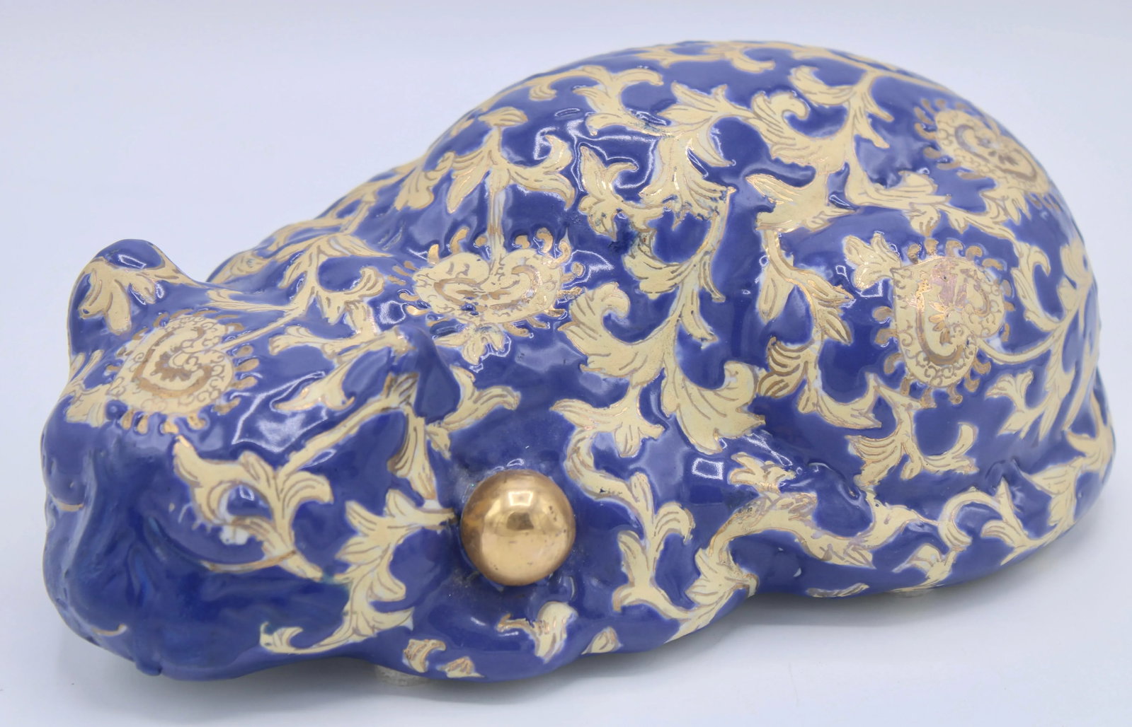 Vintage Asian Blue and Gold Ceramic Sleeping Cat - 11