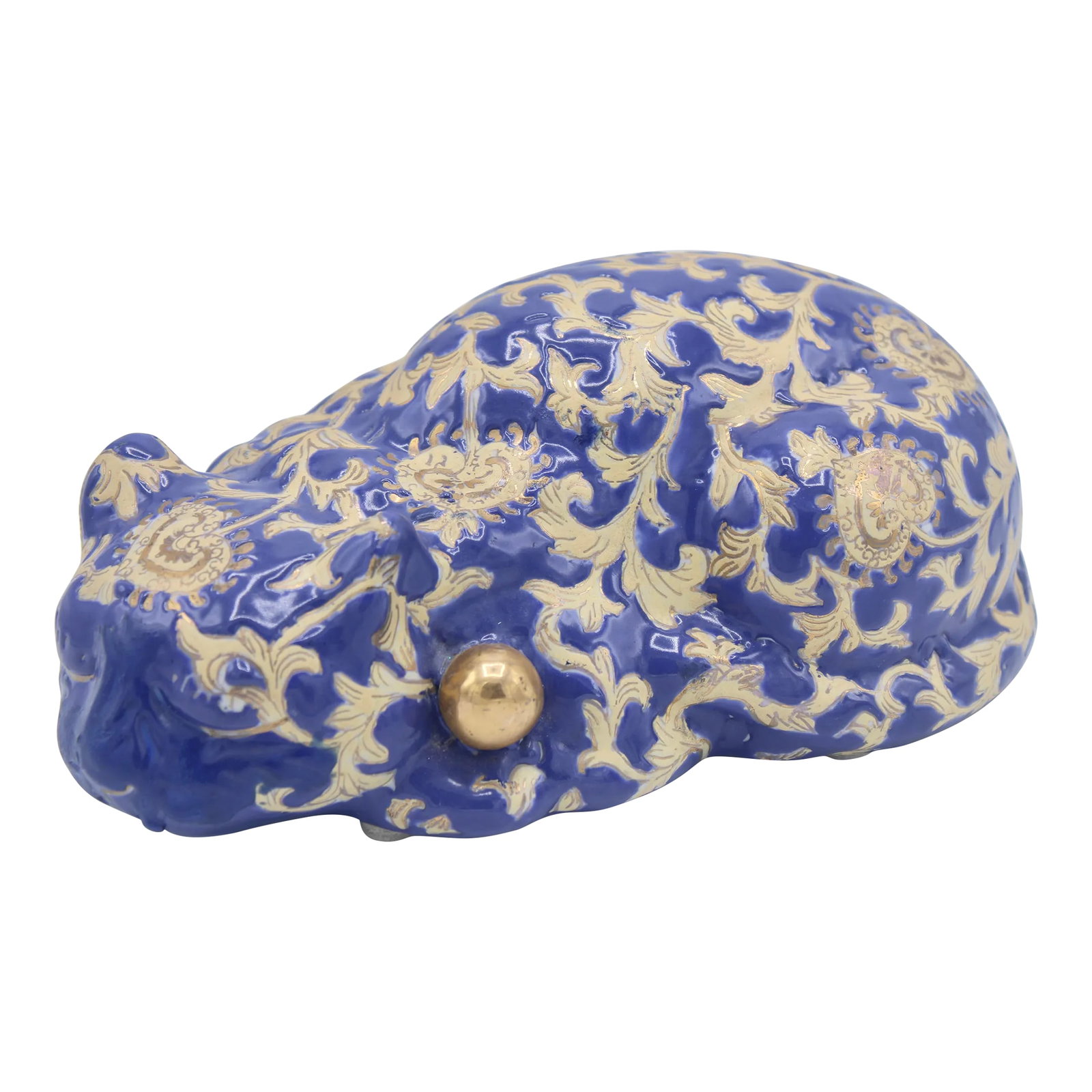 Vintage Asian Blue and Gold Ceramic Sleeping Cat: A lovely Vintage Japanese Sleeping Cat Sculpture, circa 1960. This is a stunning cat model with beautiful, vivid colors. With raised enameling and golden metallic color woven throughout, you will