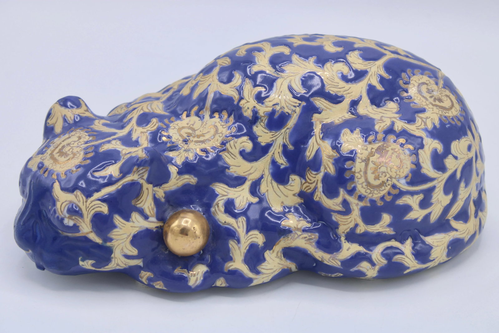 Vintage Asian Blue and Gold Ceramic Sleeping Cat - 2