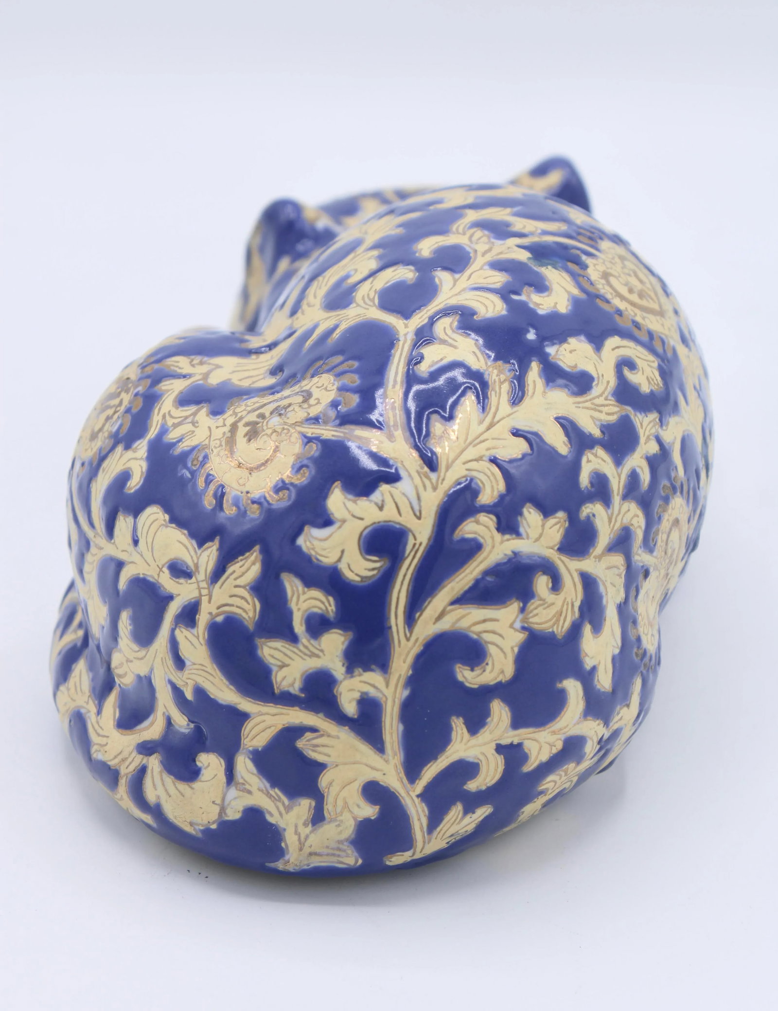 Vintage Asian Blue and Gold Ceramic Sleeping Cat - 3