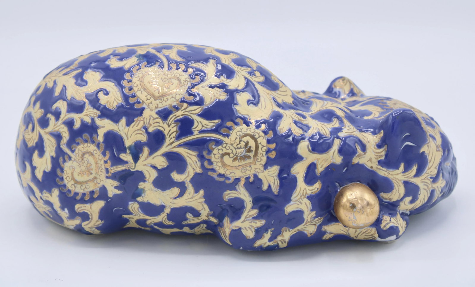Vintage Asian Blue and Gold Ceramic Sleeping Cat - 4