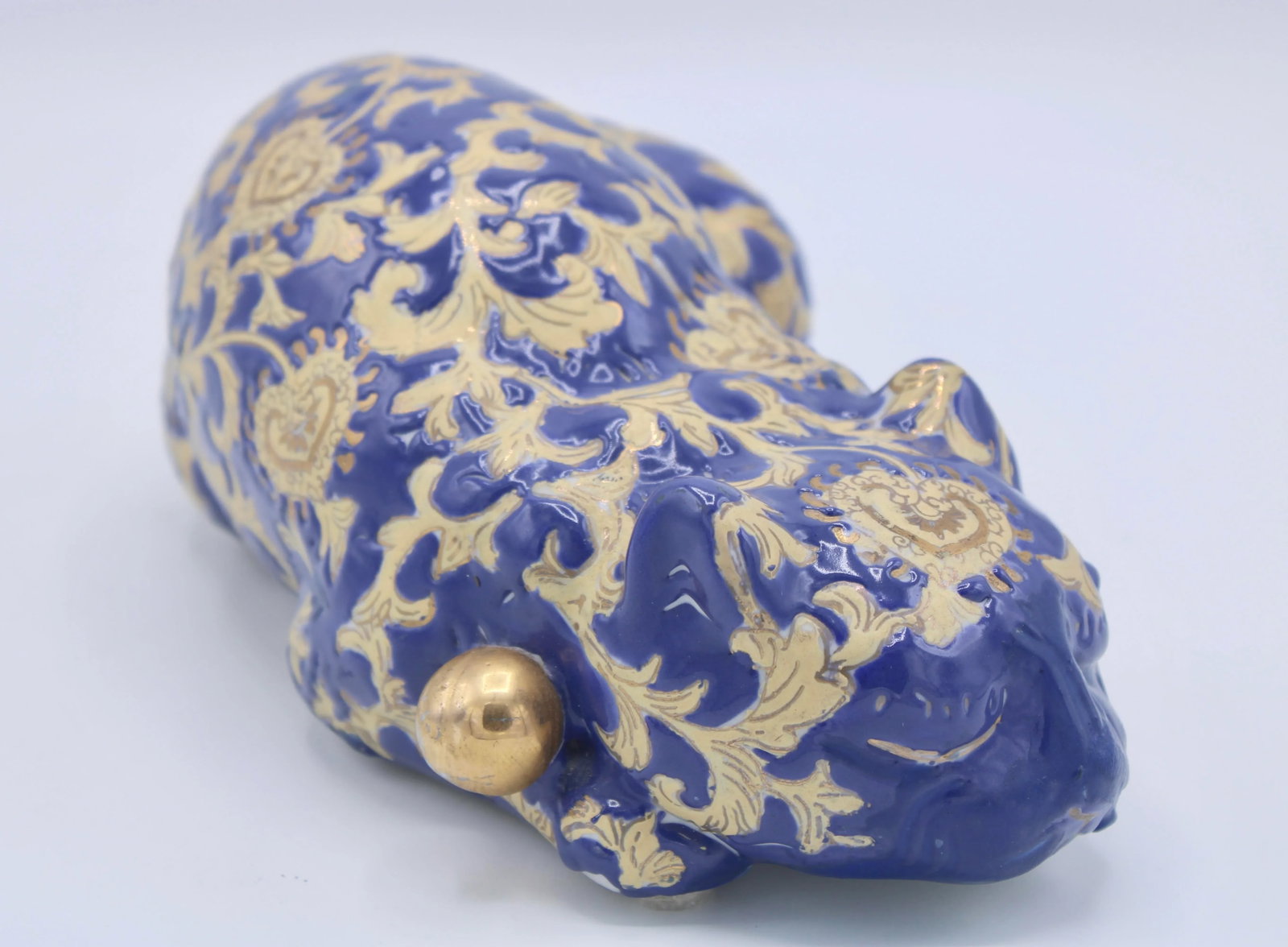 Vintage Asian Blue and Gold Ceramic Sleeping Cat - 5