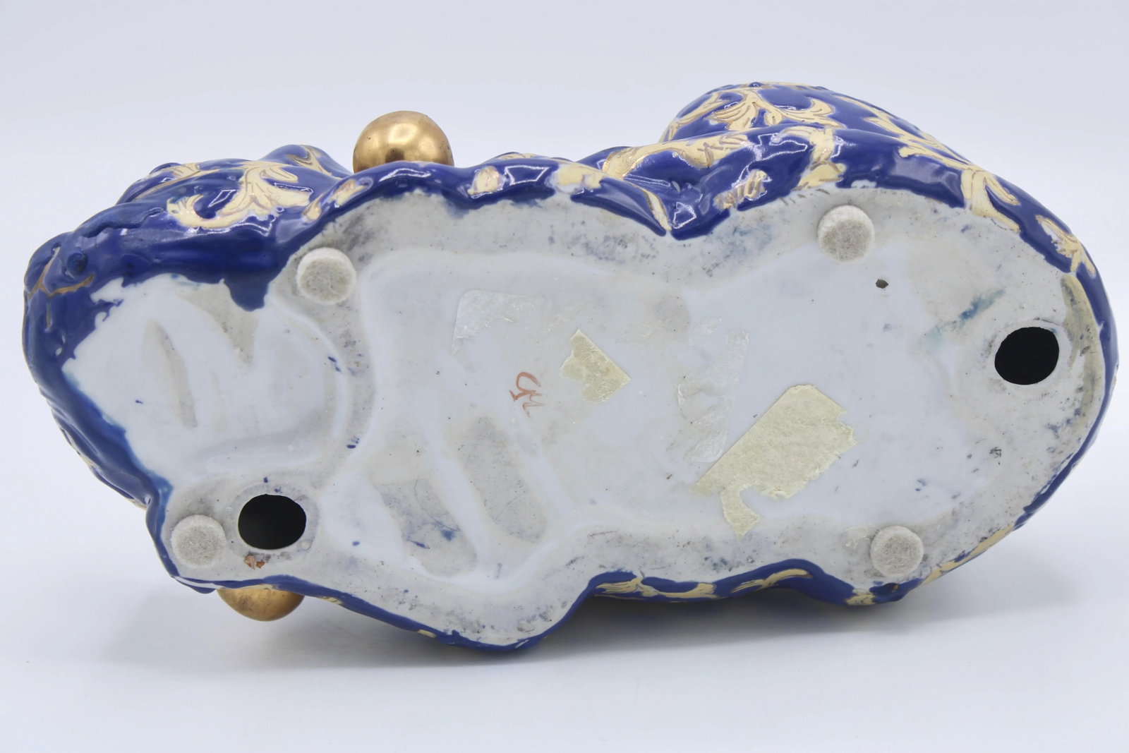 Vintage Asian Blue and Gold Ceramic Sleeping Cat - 6