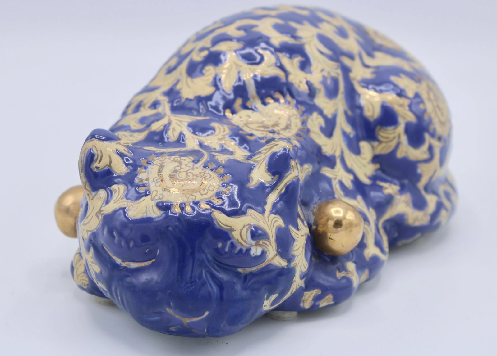 Vintage Asian Blue and Gold Ceramic Sleeping Cat - 7