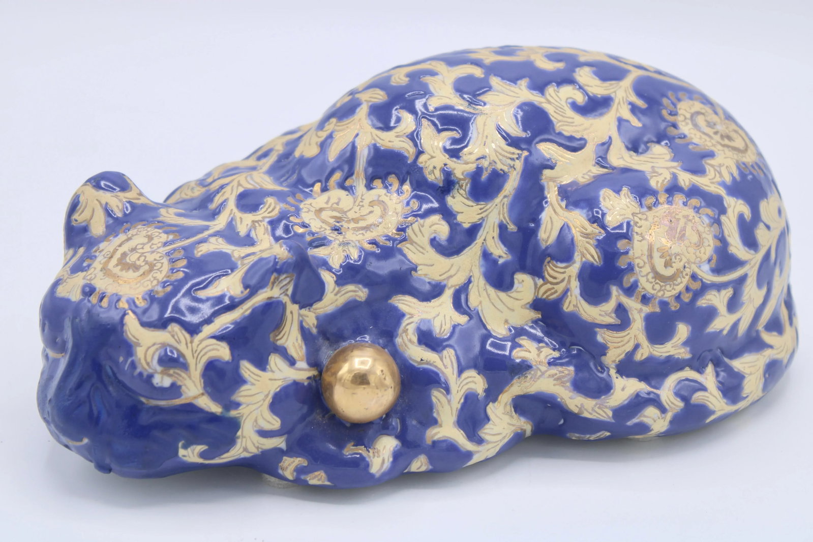 Vintage Asian Blue and Gold Ceramic Sleeping Cat - 8