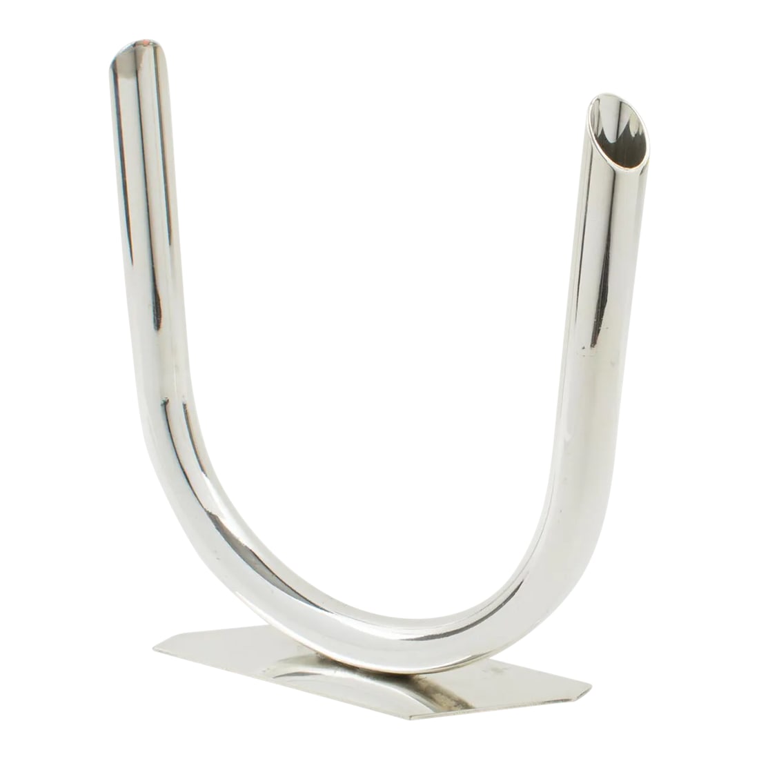 French Silver Plate Modernist Bud Vase: A pretty bud vase in silver-plated metal designed with a clean and minimalist geometric shape and a double opening to receive two flowers. There is no visible maker's mark. Measurements: 6.88 in.