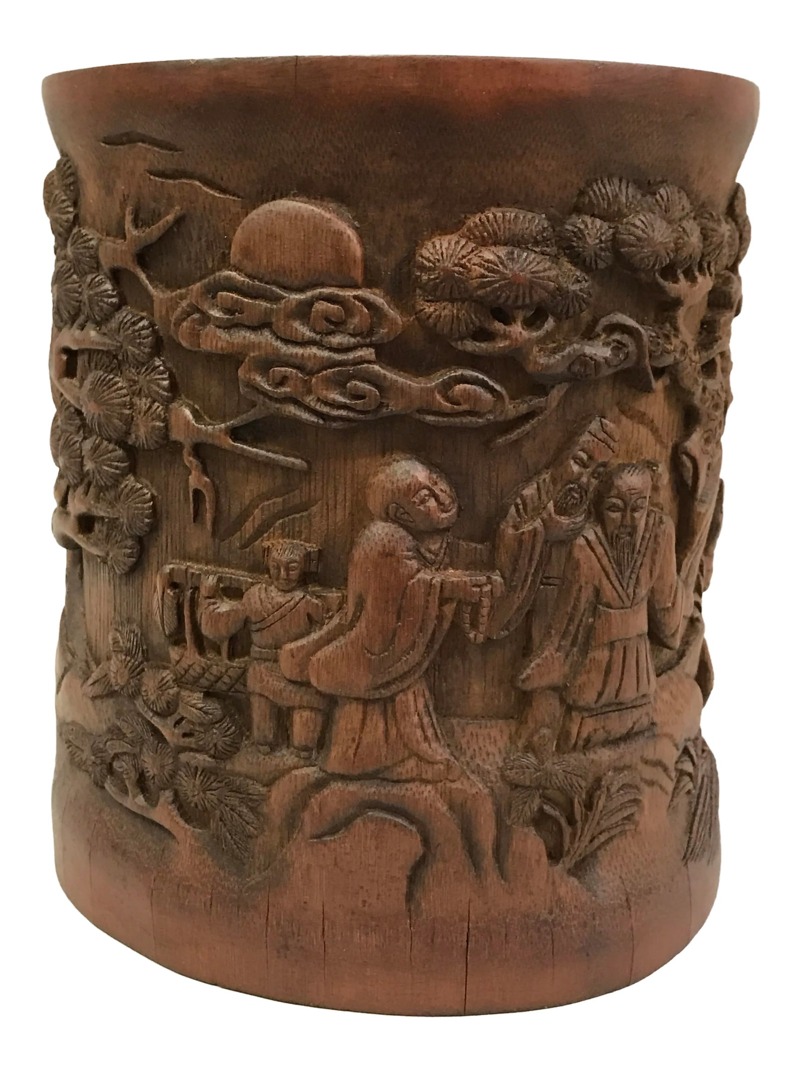 Chinese Carved Bamboo Brushpot Mountain Scenery: Chinese Art Carved Bamboo Brushpot Mountain Scenery AGES: Mid 20th Century MATERIALS: Bamboo COUNTRY: China DIMENSIONS: 6.5 inches high x 5.25 inches wide x 5 inches depth CONDITION: Very Good and Exc