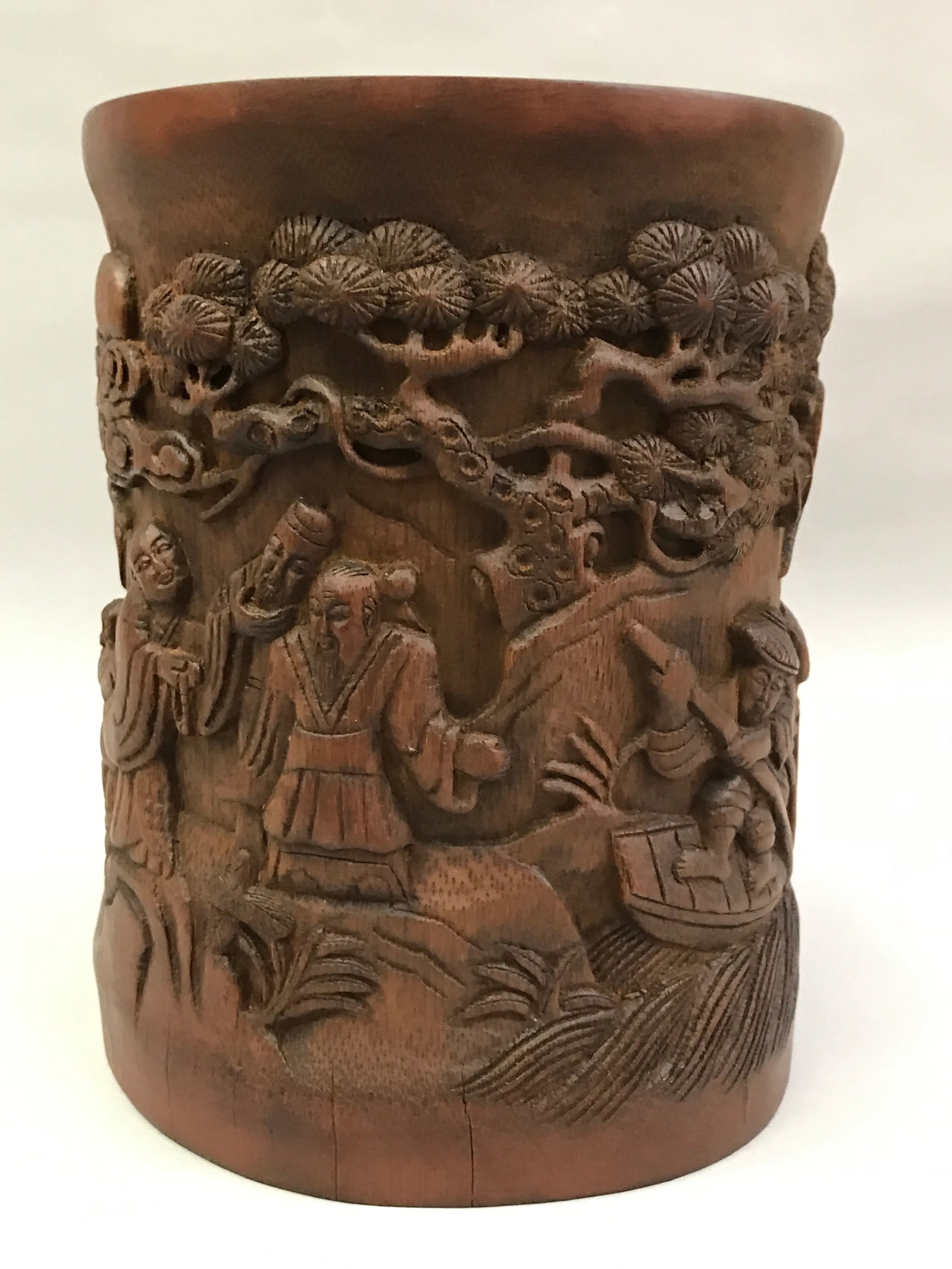 Chinese Carved Bamboo Brushpot Mountain Scenery - 3