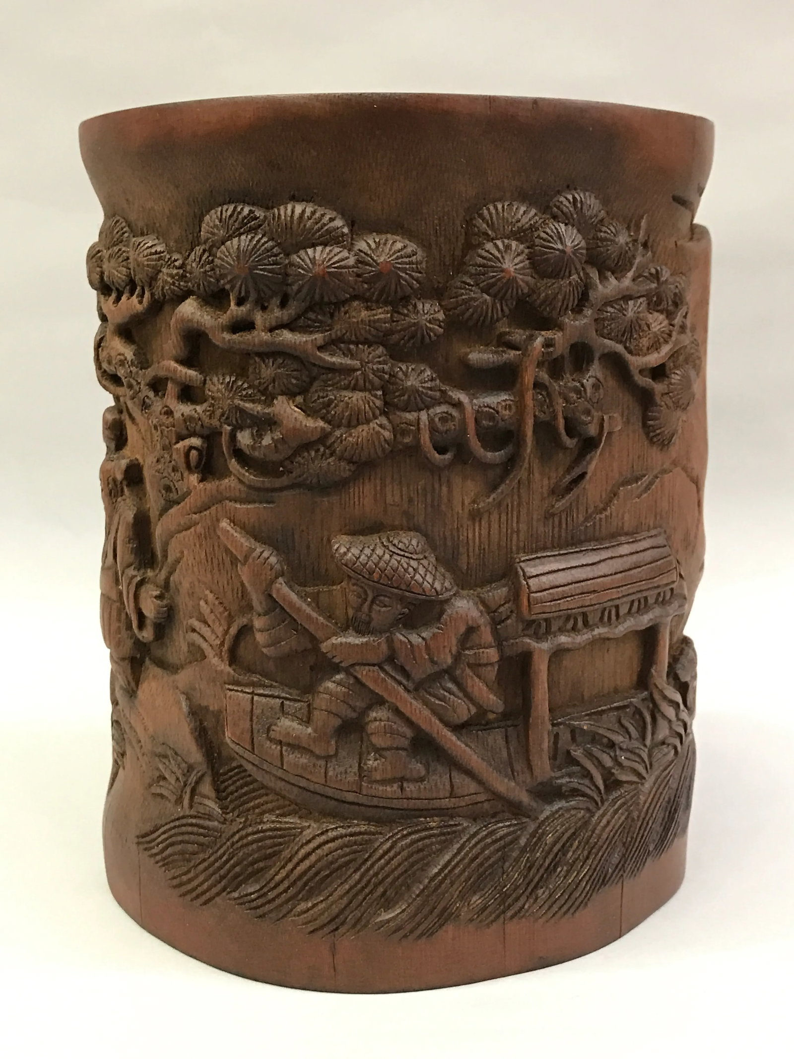 Chinese Carved Bamboo Brushpot Mountain Scenery - 4