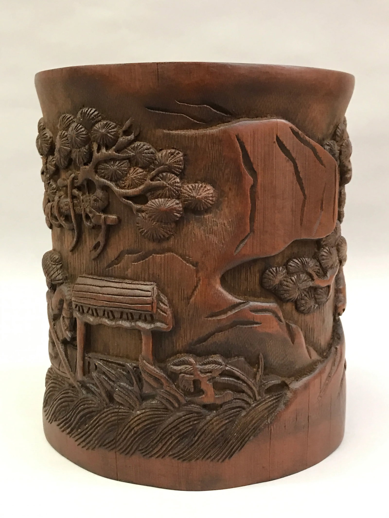 Chinese Carved Bamboo Brushpot Mountain Scenery - 5