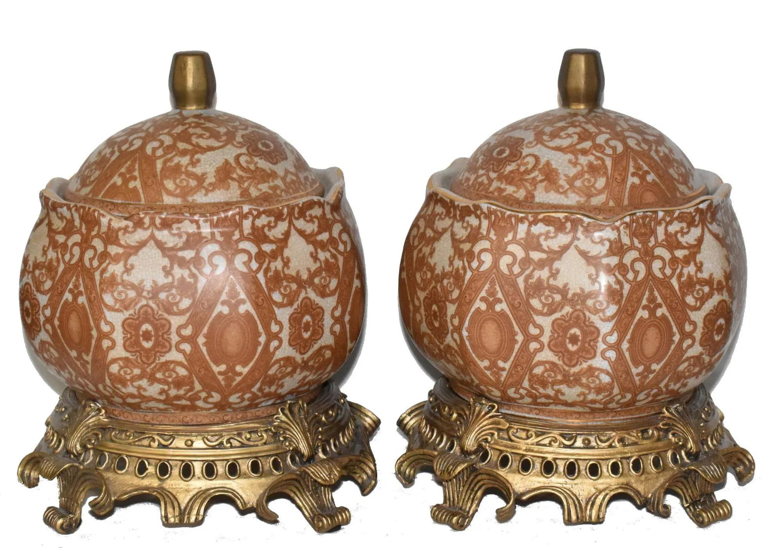 Pair Mid 20th Century Asian Crackle Glaze Porcelain Ginger Jars on Brass Bases Floral Motif - 11