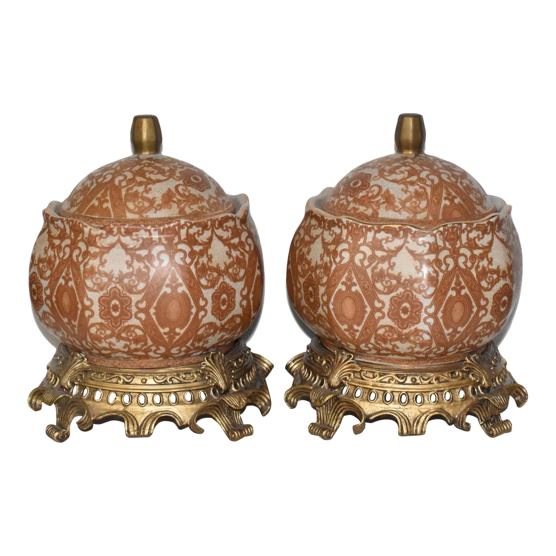 Pair Mid 20th Century Asian Crackle Glaze Porcelain Ginger Jars on Brass Bases Floral Motif: Nice Vintage Set of Asian Ginger Jars in a Crackle Glaze Finish. Features: *2pc Set Lidded Jars *Porcelain Jars Mounted on Brass Bases *Paneled Floral Motif *Ornate Reticulated Cast Brass Base