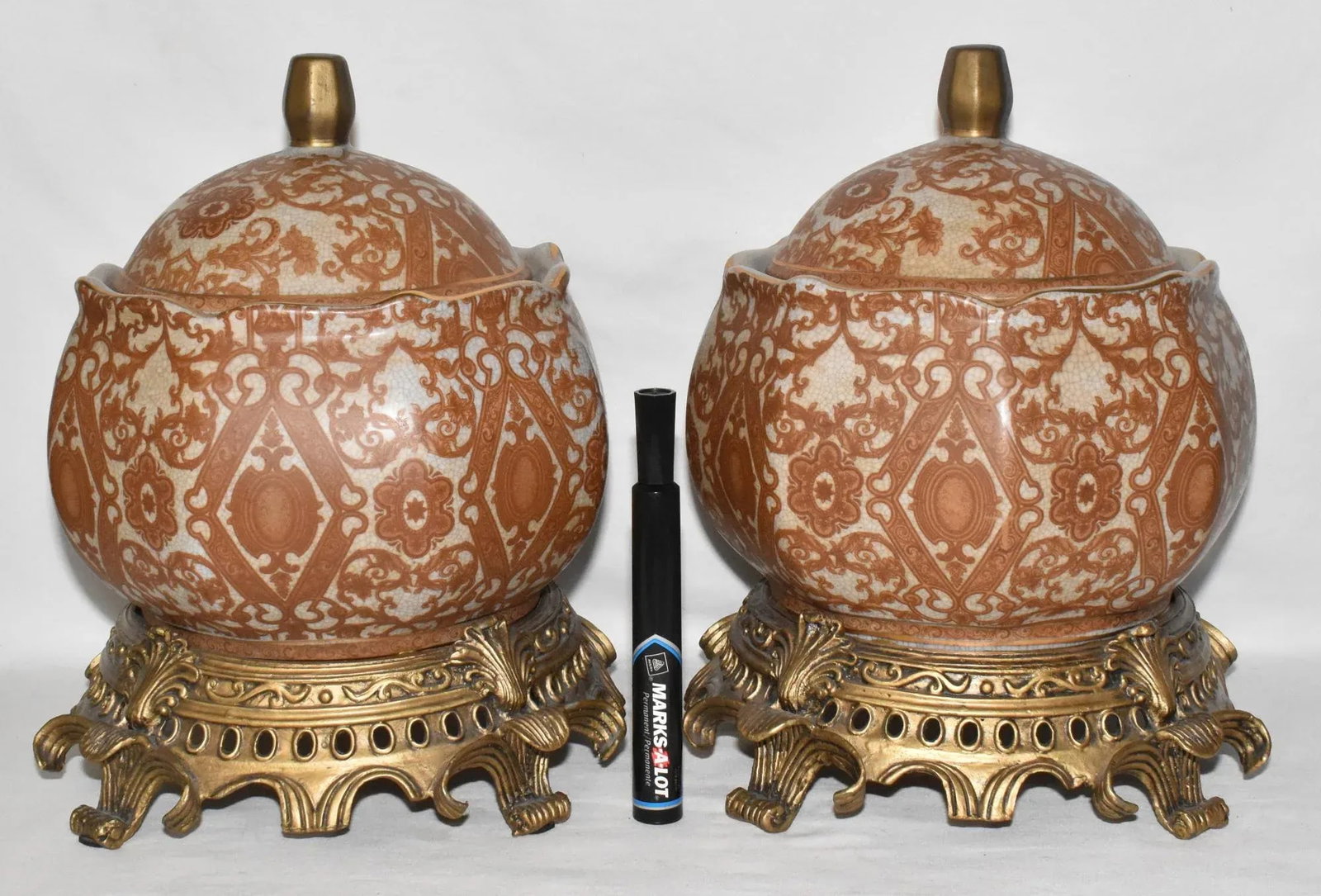 Pair Mid 20th Century Asian Crackle Glaze Porcelain Ginger Jars on Brass Bases Floral Motif - 2