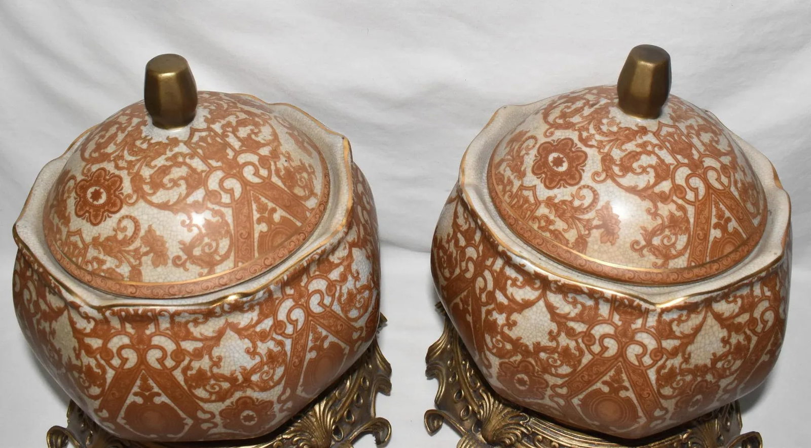 Pair Mid 20th Century Asian Crackle Glaze Porcelain Ginger Jars on Brass Bases Floral Motif - 3