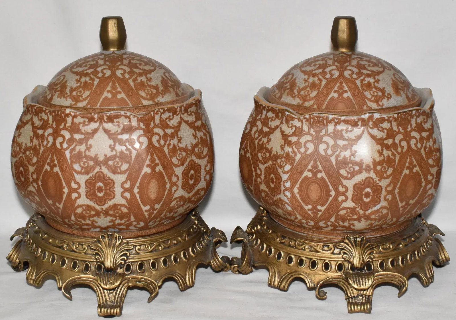 Pair Mid 20th Century Asian Crackle Glaze Porcelain Ginger Jars on Brass Bases Floral Motif - 4