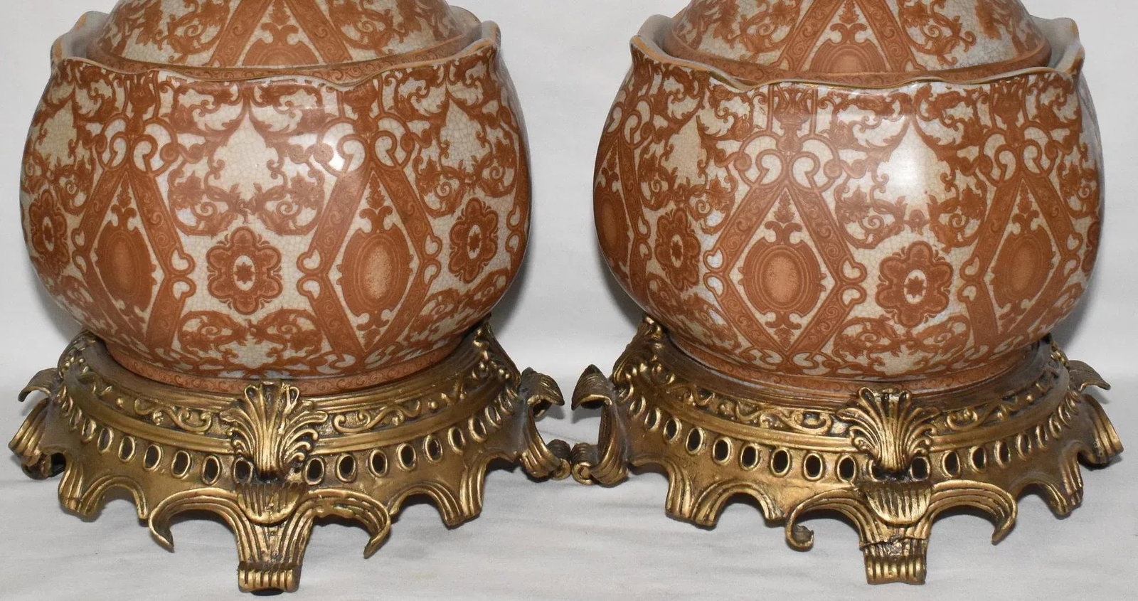 Pair Mid 20th Century Asian Crackle Glaze Porcelain Ginger Jars on Brass Bases Floral Motif - 5