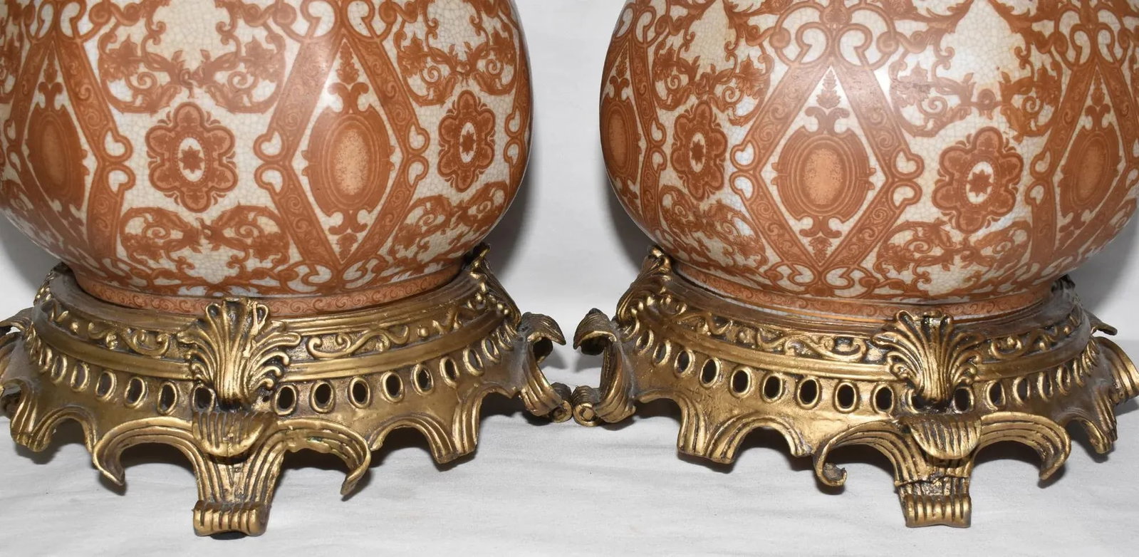 Pair Mid 20th Century Asian Crackle Glaze Porcelain Ginger Jars on Brass Bases Floral Motif - 6