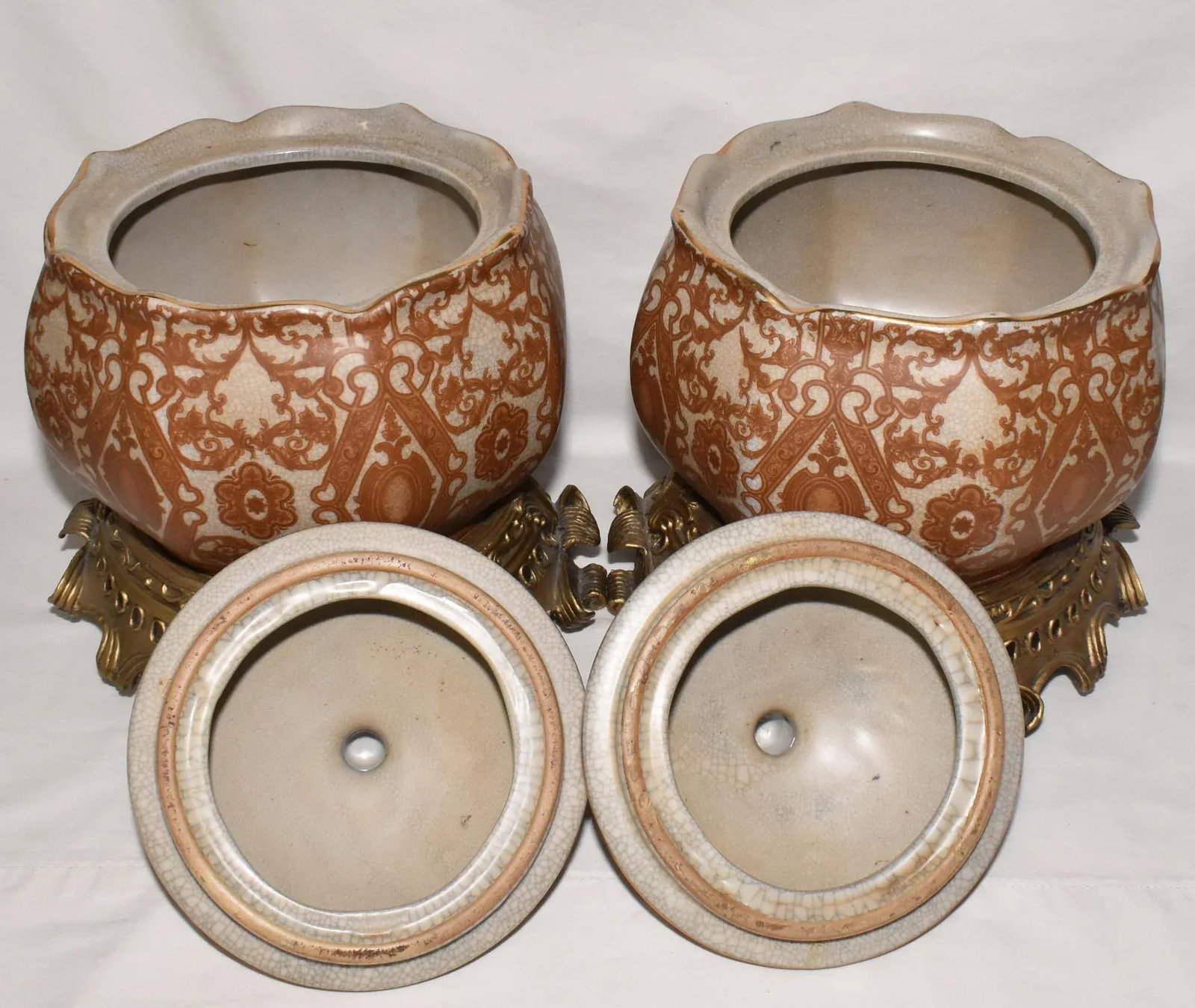 Pair Mid 20th Century Asian Crackle Glaze Porcelain Ginger Jars on Brass Bases Floral Motif - 7