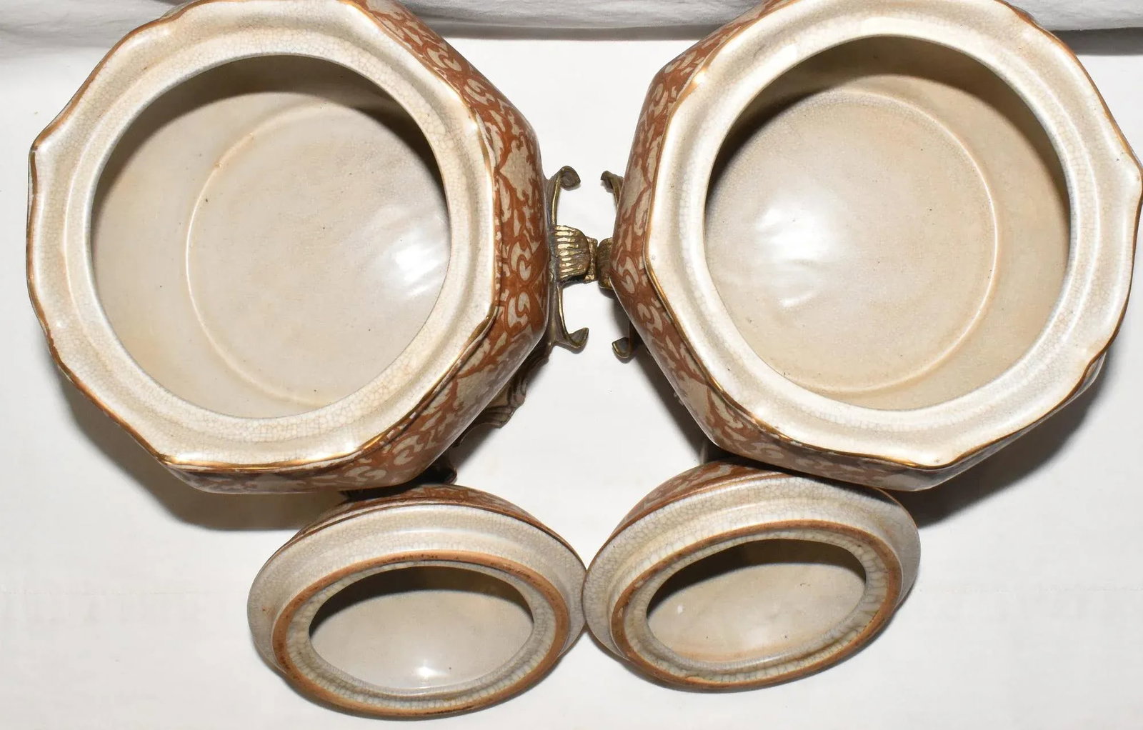 Pair Mid 20th Century Asian Crackle Glaze Porcelain Ginger Jars on Brass Bases Floral Motif - 8