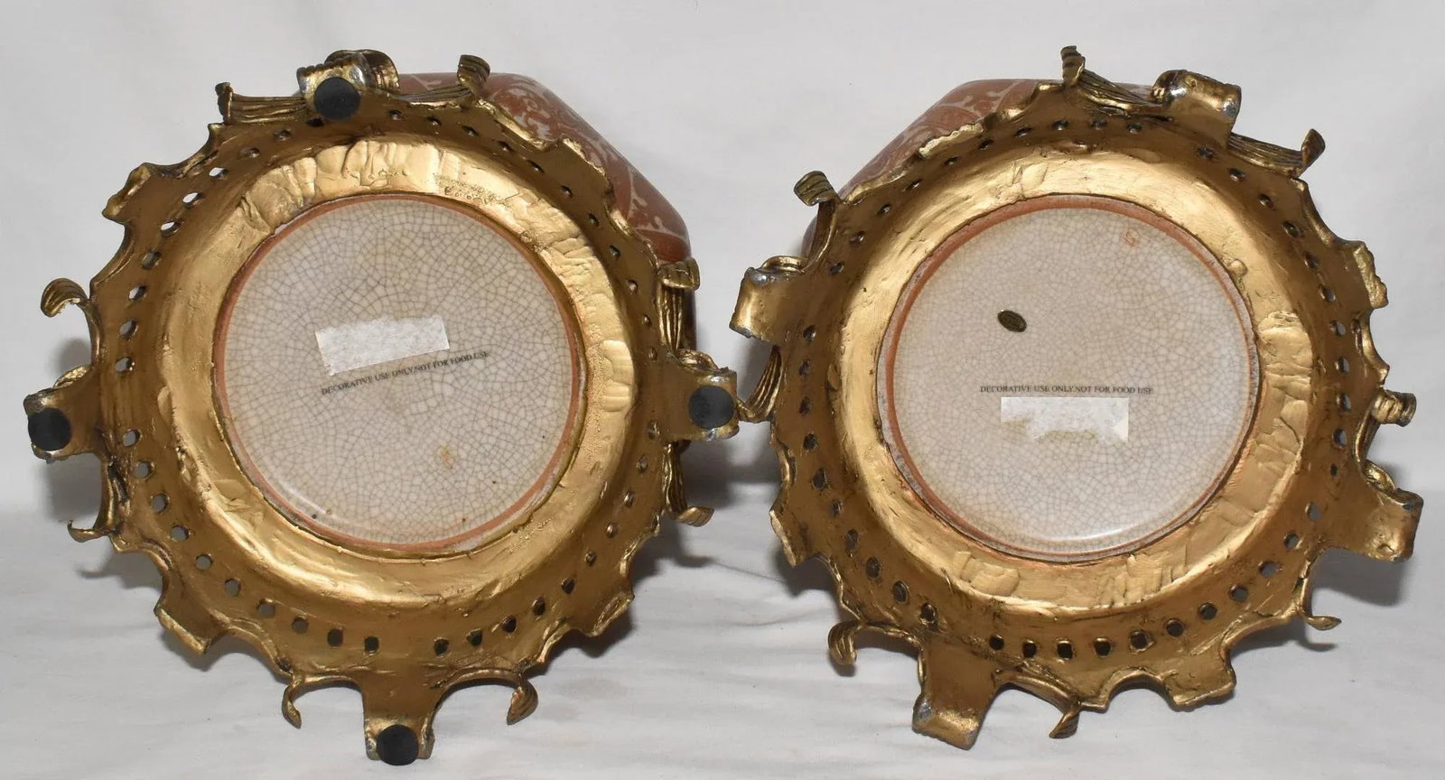 Pair Mid 20th Century Asian Crackle Glaze Porcelain Ginger Jars on Brass Bases Floral Motif - 9