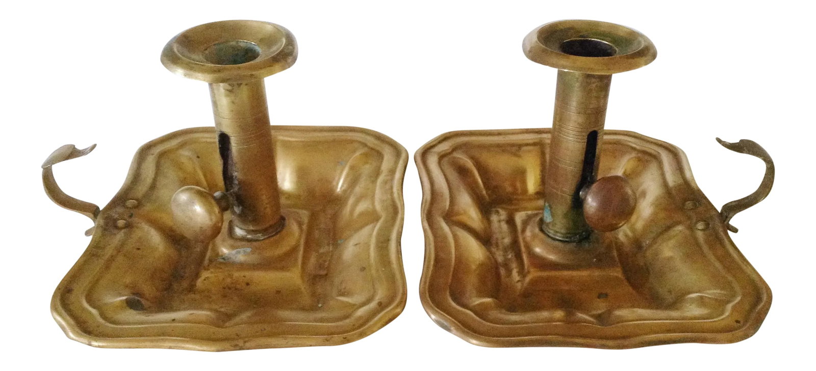 Brass Bedchamber Candlesticks - a Pair: This pair of English candlesticks were designed for the bedchamber so you could walk around at night when all the house lights were off. Each has a screw knob to adjust the candle height as it burns