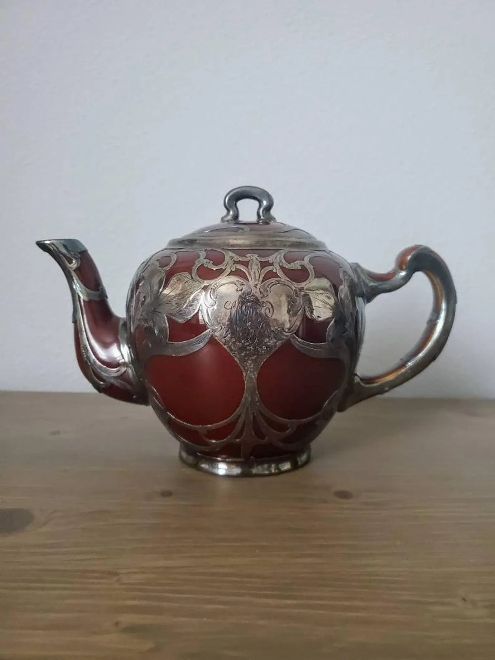 Antique Art Nouveau Lenox Silver Overlay Treacle Teapot - 11