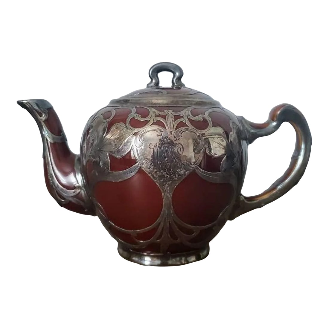 Antique Art Nouveau Lenox Silver Overlay Treacle Teapot: A superb early 20th century American Art Nouveau Lenox teapot. Fine quality, exceptionally executed, featuring beautiful scrolling silver overlay with floral motif, rich treacle - dark reddish brown
