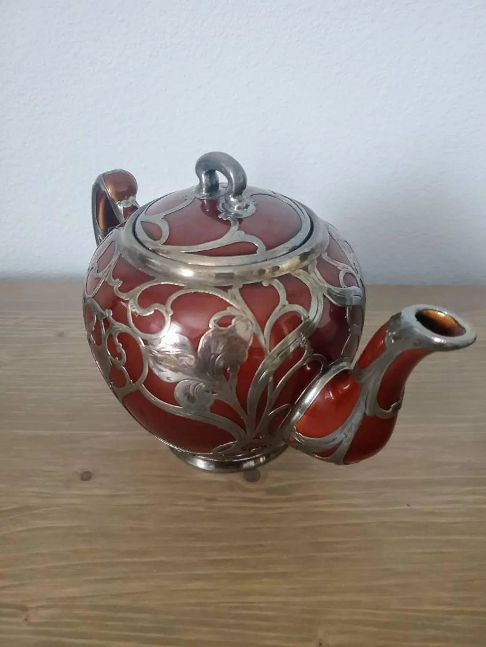 Antique Art Nouveau Lenox Silver Overlay Treacle Teapot - 3