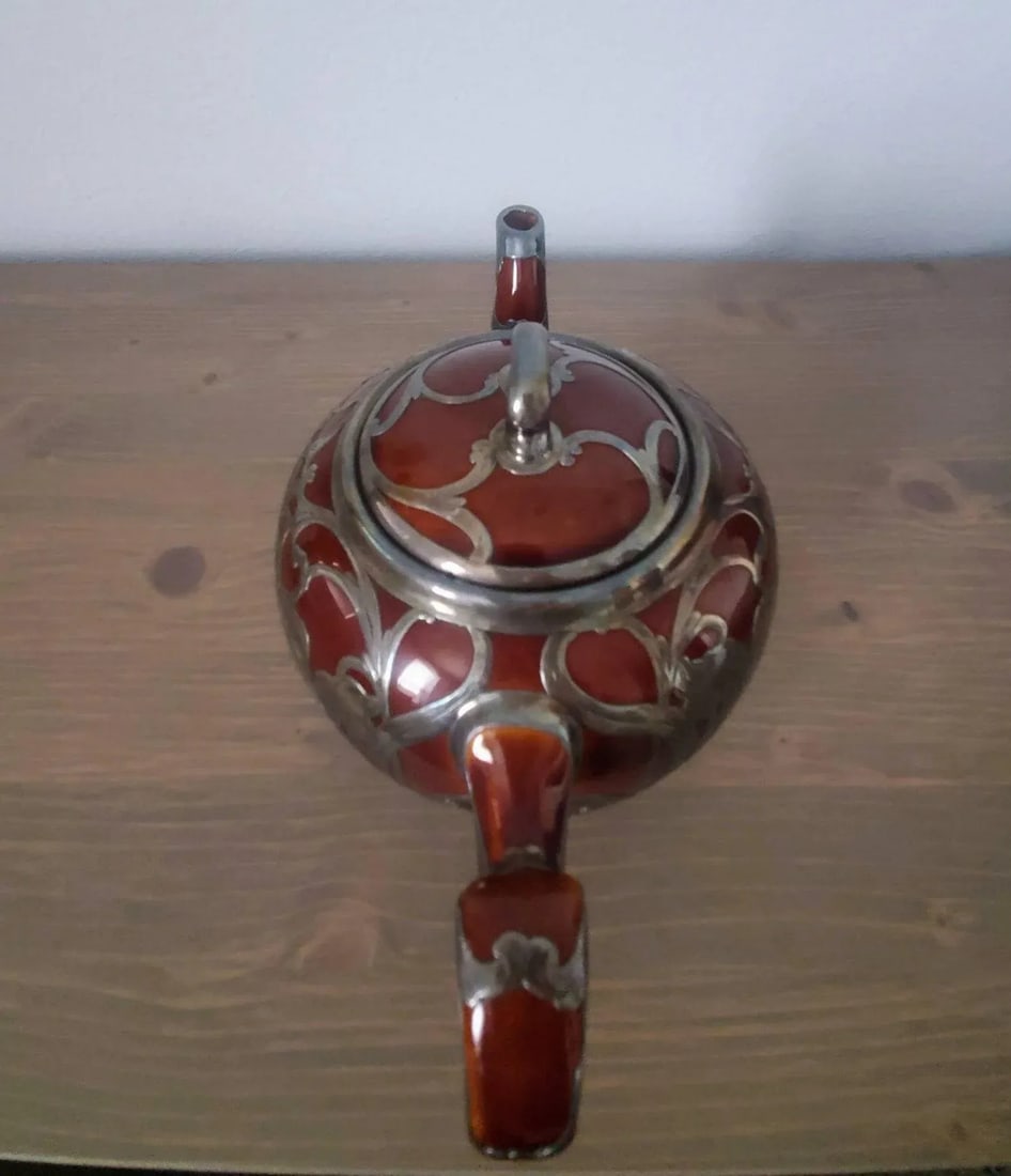 Antique Art Nouveau Lenox Silver Overlay Treacle Teapot - 6