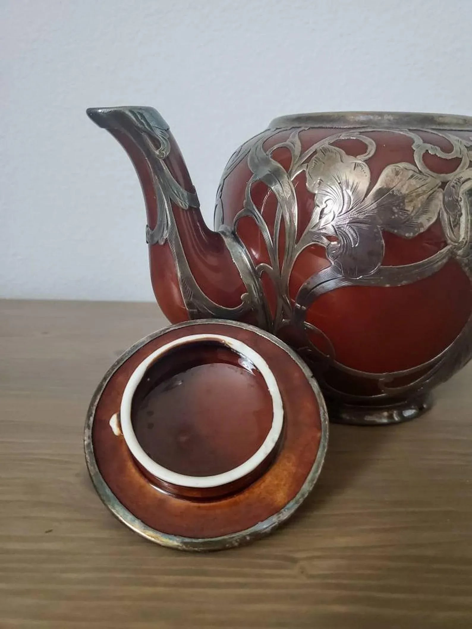 Antique Art Nouveau Lenox Silver Overlay Treacle Teapot - 8