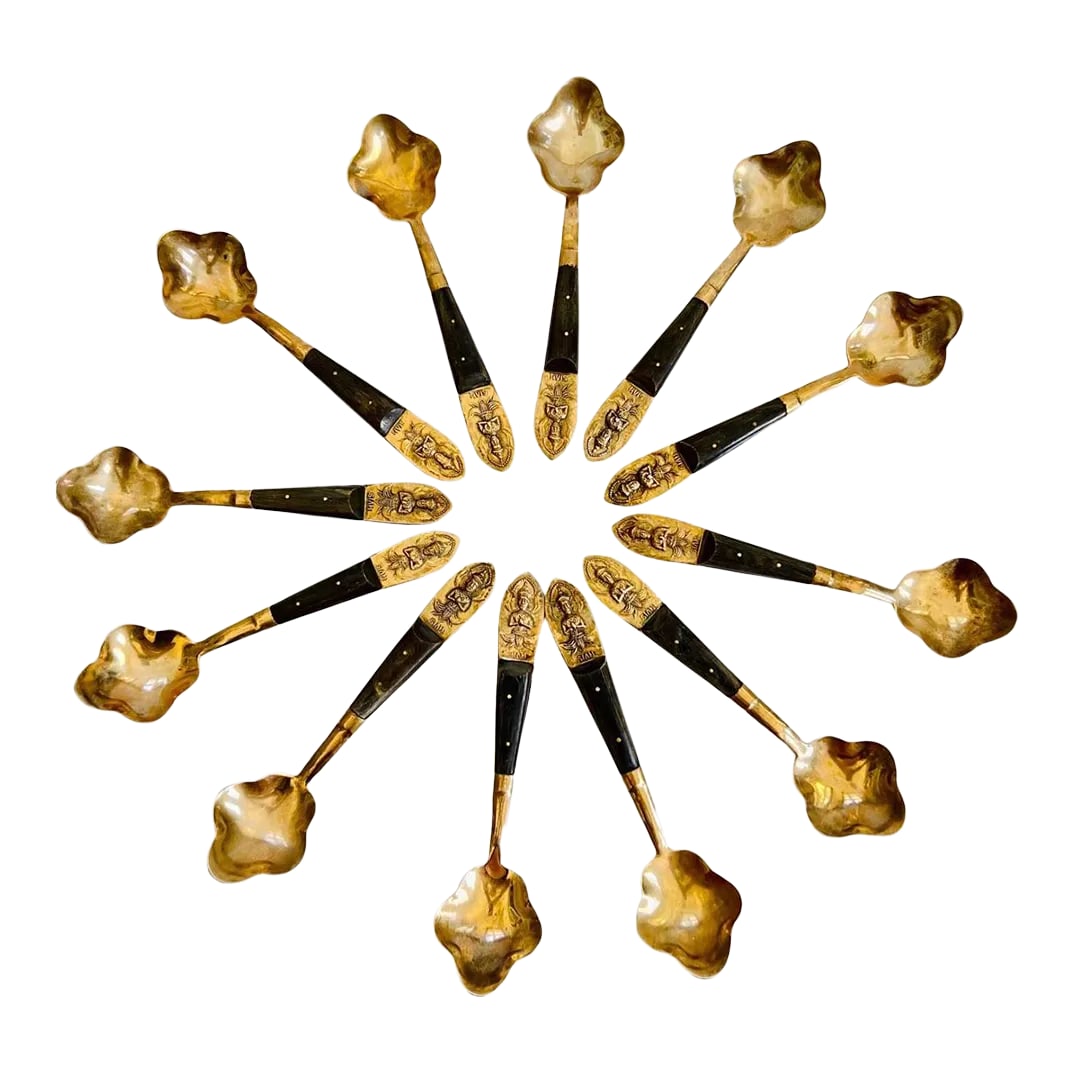 Vintage 1960's Siam Thailand Flatware Ice Cream / Dessert Spoons Service - Set of 12 Pieces: Midcentury ca 1960-69, Siam 12 pcs Ice Cream / Soup / Dessert scalloped spoons by SiamThailand. All pieces are brass with rosewood handles with cast of seated goddess figure. Very nice and rare!