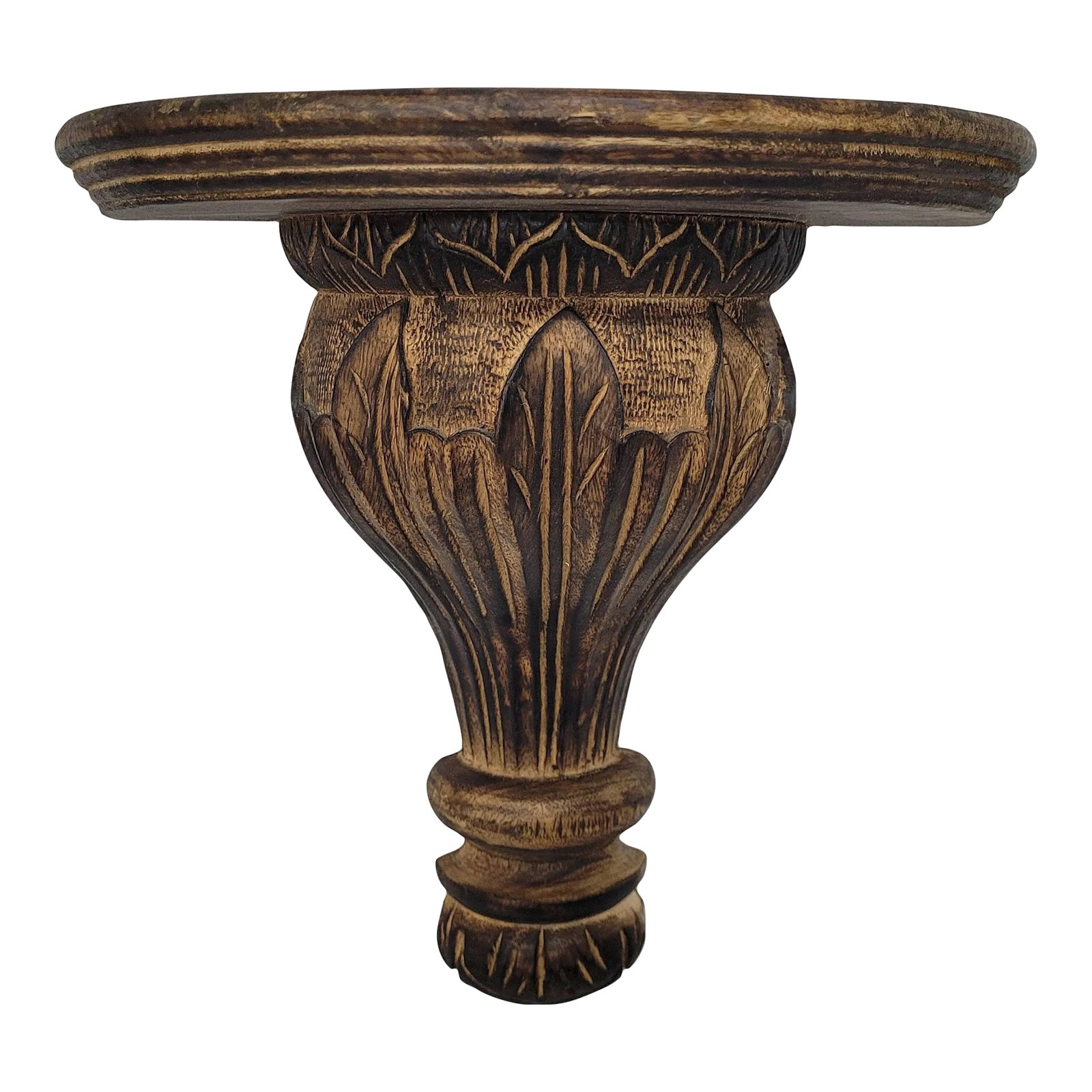 Vintage Mid Century Hand Crafted Carved Wood Corbel Wall Sconce Display Shelf: Vintage Mid Century Vintage Wood Wall Sconce Display Shelf Hand Crafted Wooden Corbel Carved Details In good condition with some wear and scratches, beautiful details Measures 11"H x 11"W x 5." D