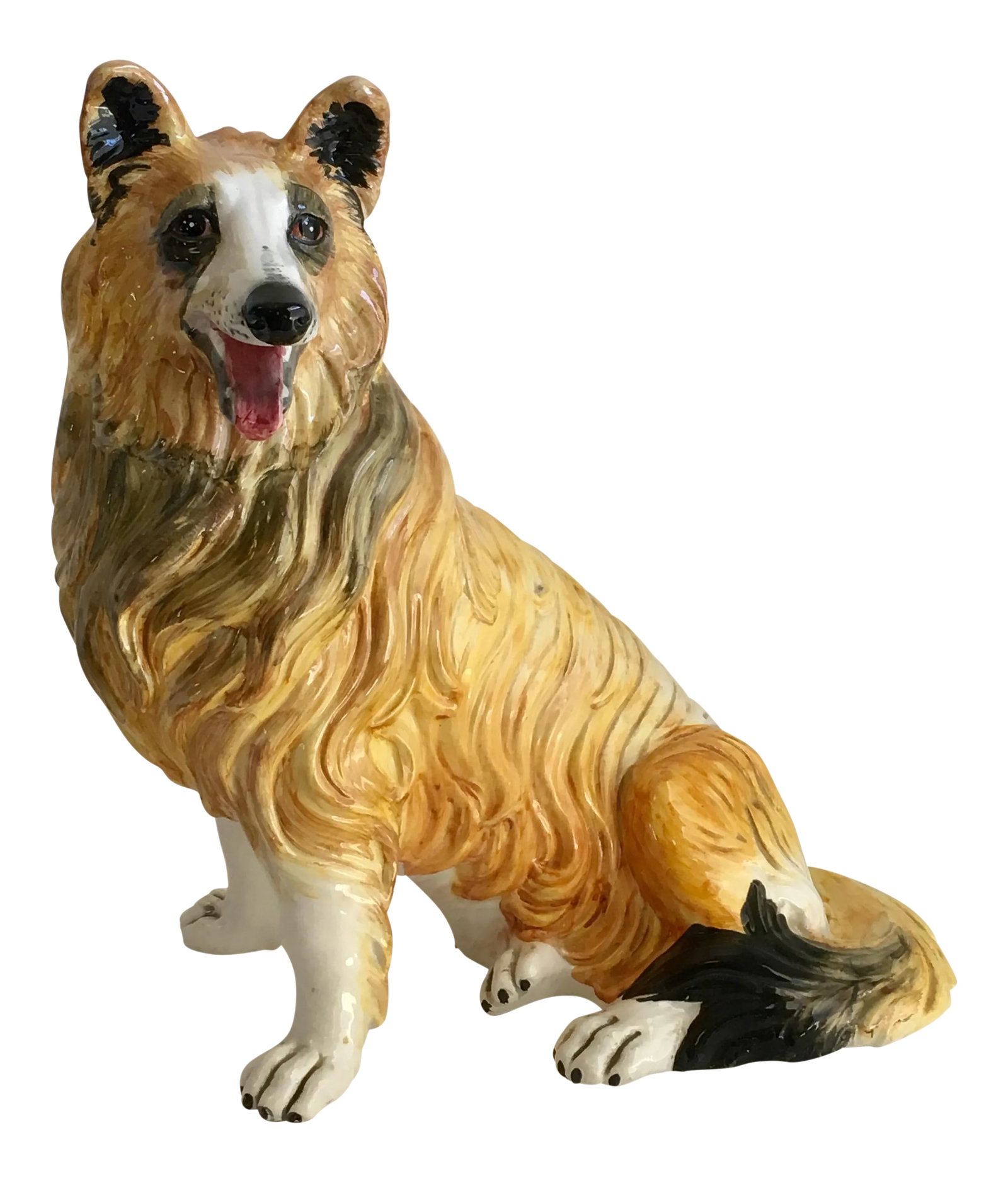 Italian Ceramic Collie Dog Lassie Statue Signed Italy Vintage Hollywood Regency: A fun and unusual Italian Ceramic Lassie dog Statue. These Italian statues depicting animals are so great to add a bit of whimsy to your space. Other animals are often seen but this is the first Colli