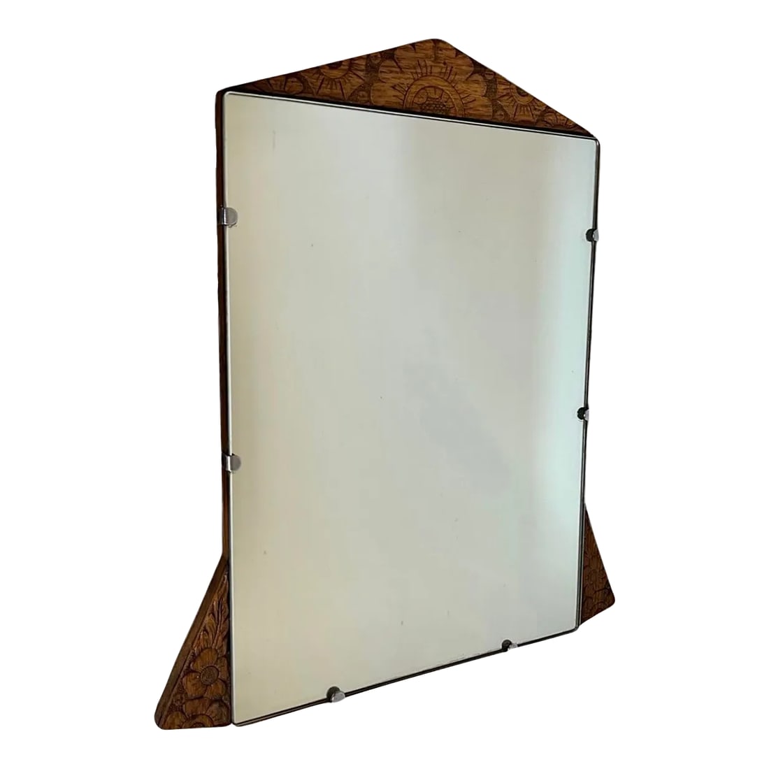 Vintage Mirror Art Deco Style With Floral Carvings. Possibly Circa 1950s - 1970s: Vintage Mirror Art Deco Style With Floral Carvings. Possibly Circa 1950s - 1970s. Interesting Patina Wood and Hardware Box H17 Dimensions. 15 1/2 W ; 18 H ; 3/4 D Condition: Alterations: Original
