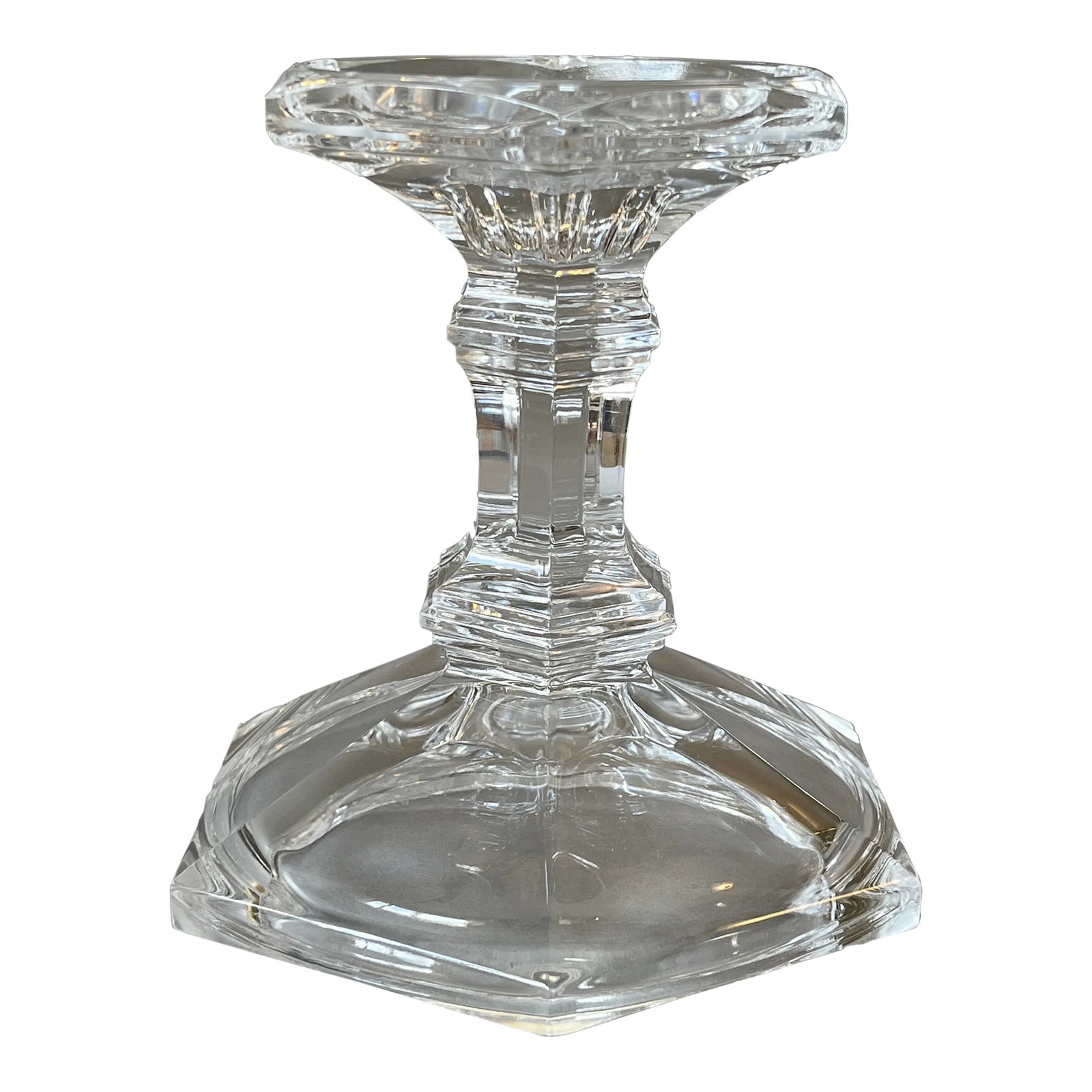 Vintage Single Crystal Glass Hexagon Candlestick Holder: Vintage Single Crystal Glass 5" x 4 3/8" Hexagon Candlestick Candle Holder Excellent condition. Measures 5" tall by 4 3/8" at the bottom and is in the shape of a hexagon. Please note that the candle