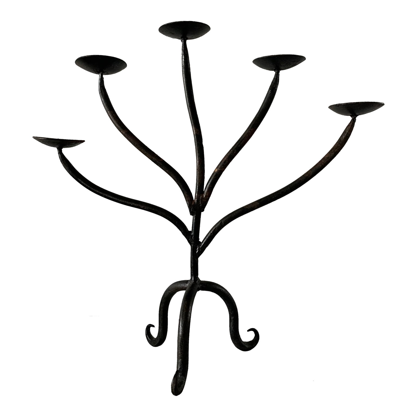 Mid 20th Century Rustic Mexican 5-Candle Candelabra: A vintage rustic iron-look candelabra with five candle holders on tapered arms. Condition: Alterations: Original Condition Unaltered Imperfections: Some Imperfections Condition Notes: Rustic look with