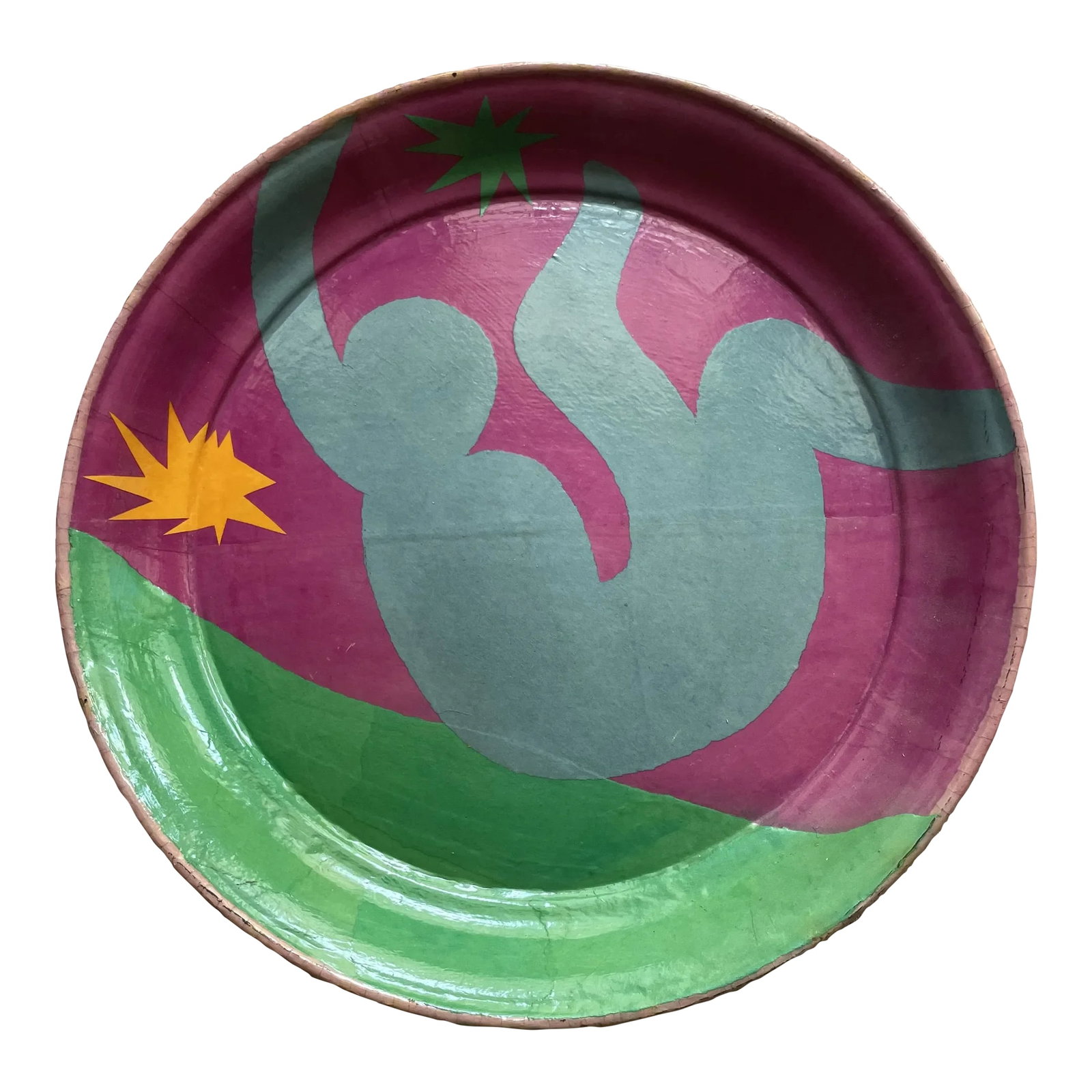 1990s Matisse Inspired Tray: This stunning tray is inspired by Matisse's cutouts and depicts a figure floating amongst stars from cut out tissue paper over metal and then sealed with shellac. Condition: Alterations: Original