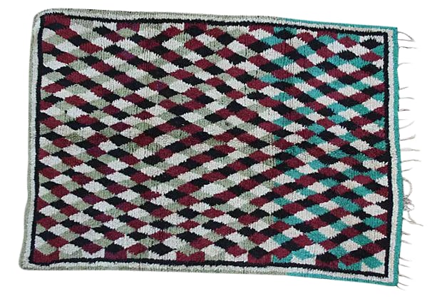 Mid 20th Century Moroccan Rug- 8' X 5'4'': Hand-knotted Moroccan rug with low wool pile. Lively and complex Berber pattern throughout in maroon and teal gradation. Solid double borders symbolize protection. This beautiful rug ships within 1-2