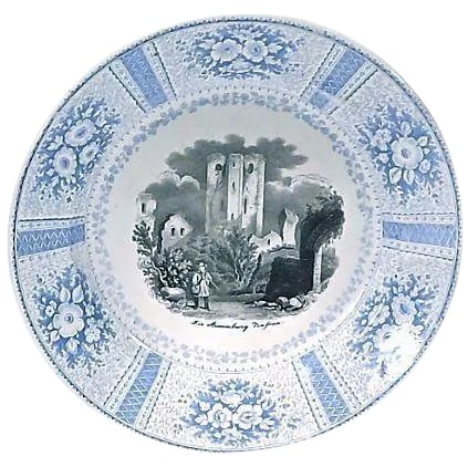 Vintage English Transferware Castle Scene Plate: This vintage, English, Transferware plate features a castle ruins scene and a blue and white floral design along the perimeter. Made out of ceramic, it is marked "Die Steinimburg Nafsciu" on the front