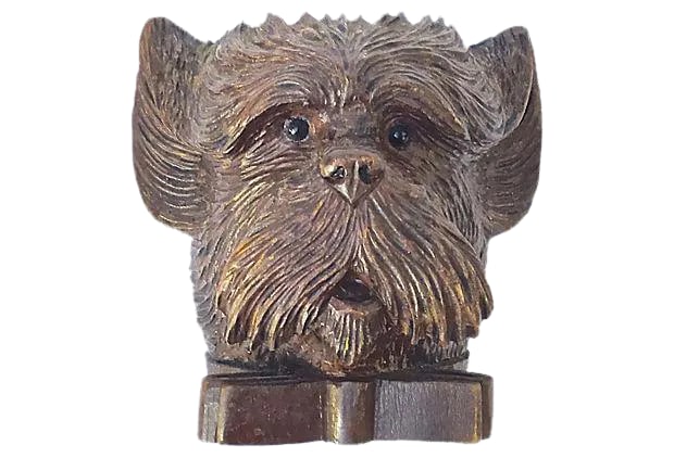 Antique Black Forest Terrier Dish: Antique; 19th century, Black Forest hand-carved wood terrier dish with glass eyes and removable brass bowl. No maker's mark. Age wear and patina. Condition: Condition Notes: Good - Moderate wear and