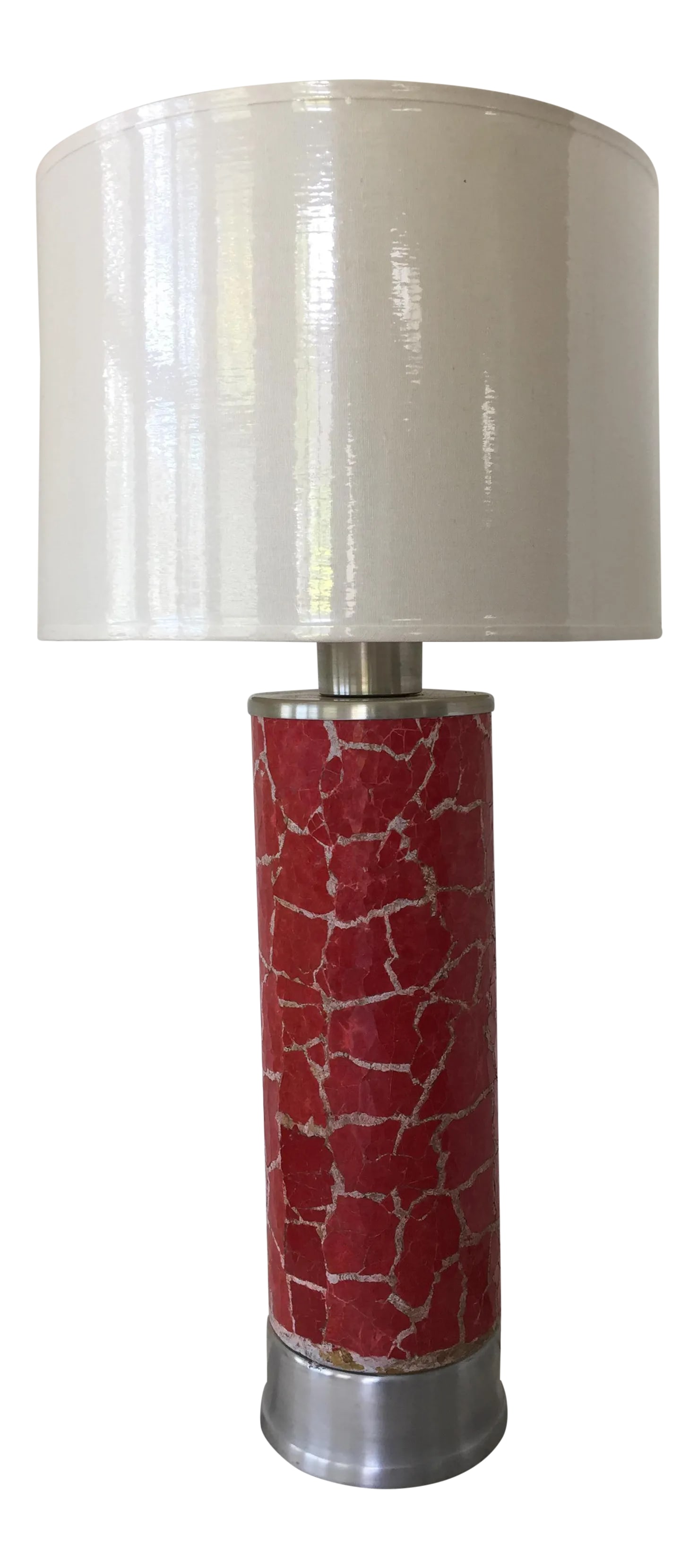 Modern Red Mosaic Tile Table Lamp: Mid-century modern table lamp. Red cracked mosaic tile with aluminum base. Good vintage working condition. All original parts. Shade is not included. Condition: Alterations: Original Condition