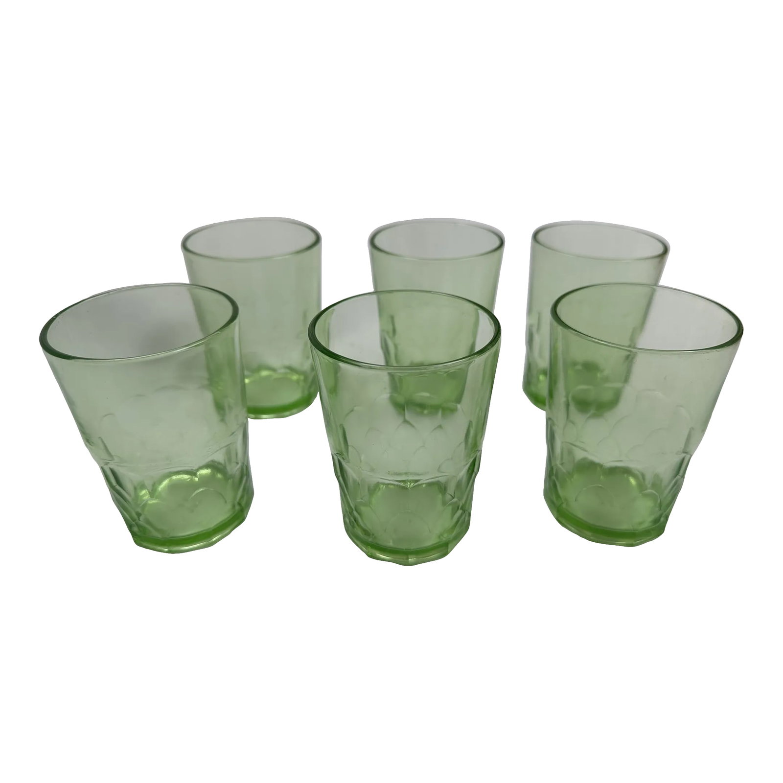 Early 20th Century Hazel Atlas Green Depression Glass Juice Glasses- Set of 6: Set of six depression green Hazel Atlas juice glasses. In excellent condition, no chips or cracks or major damage. Condition: Alterations: Original Condition Unaltered Imperfections: Some