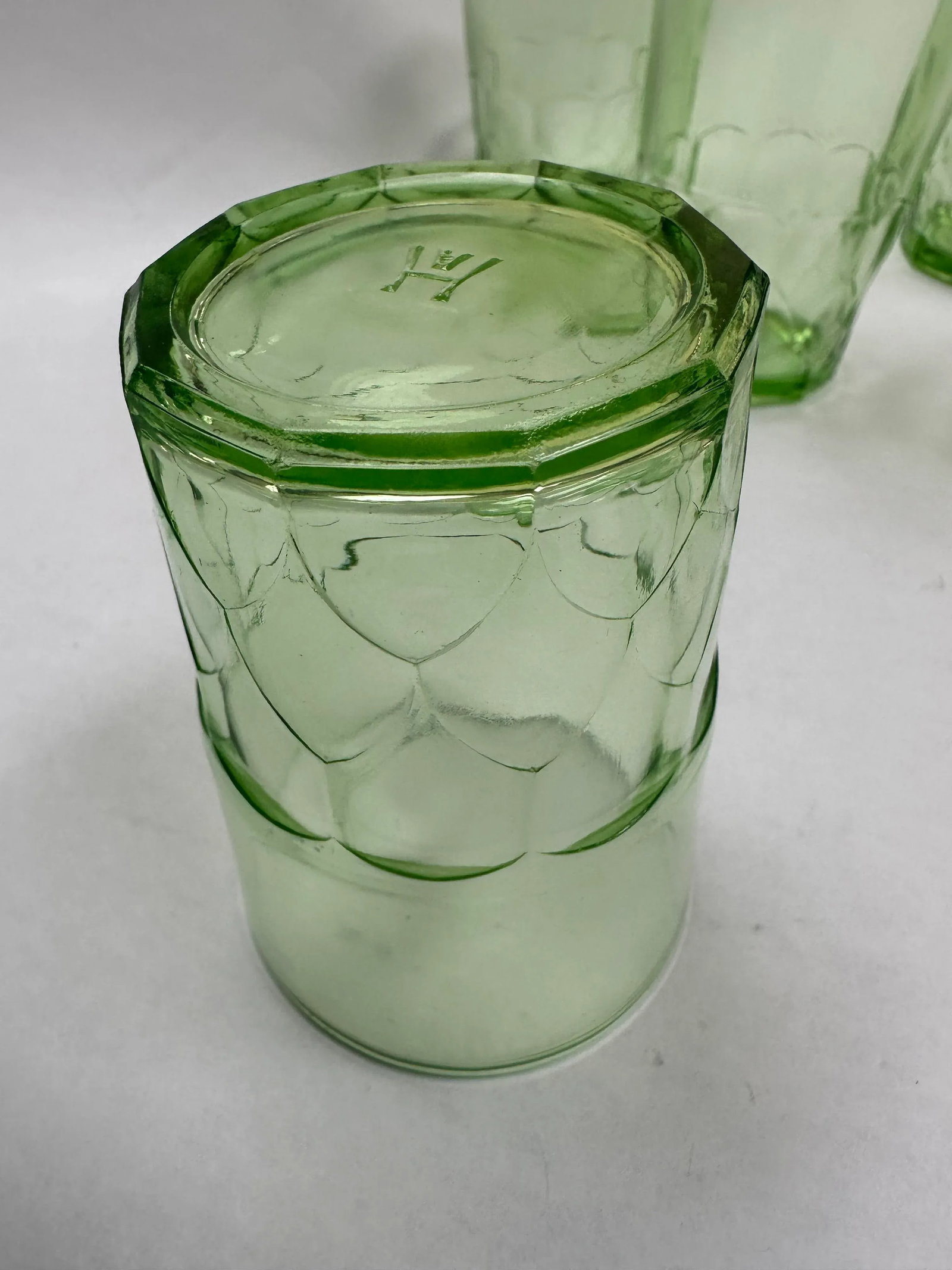 Early 20th Century Hazel Atlas Green Depression Glass Juice Glasses- Set of 6 - 5