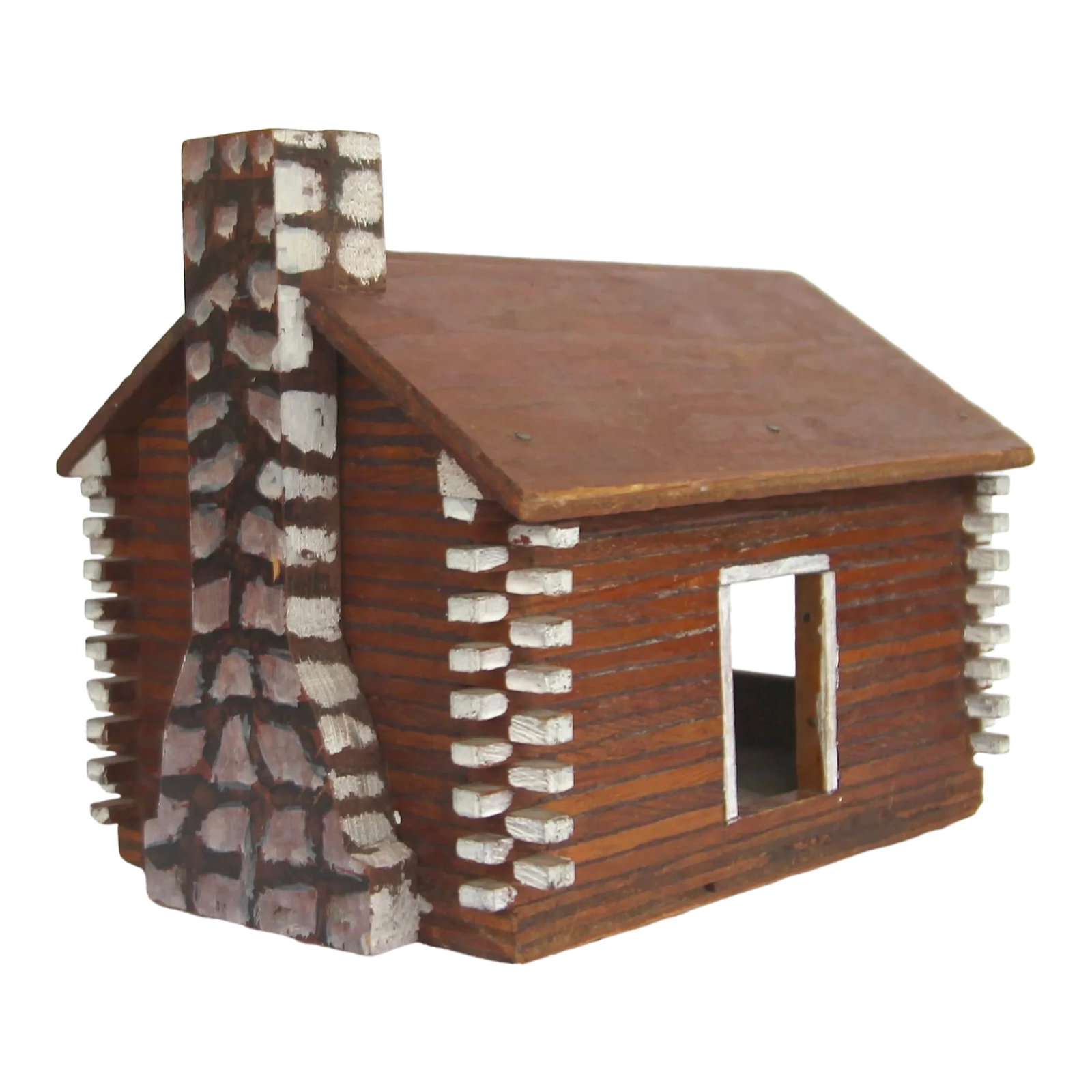Vintage Log Cabin Model: Circa 1940s/50s hand made log cabin model found in New York State. Cabin has handprinted chimney and log ends. Cabin has wear from age, discolorations, scratches, chip on back side lower left corner