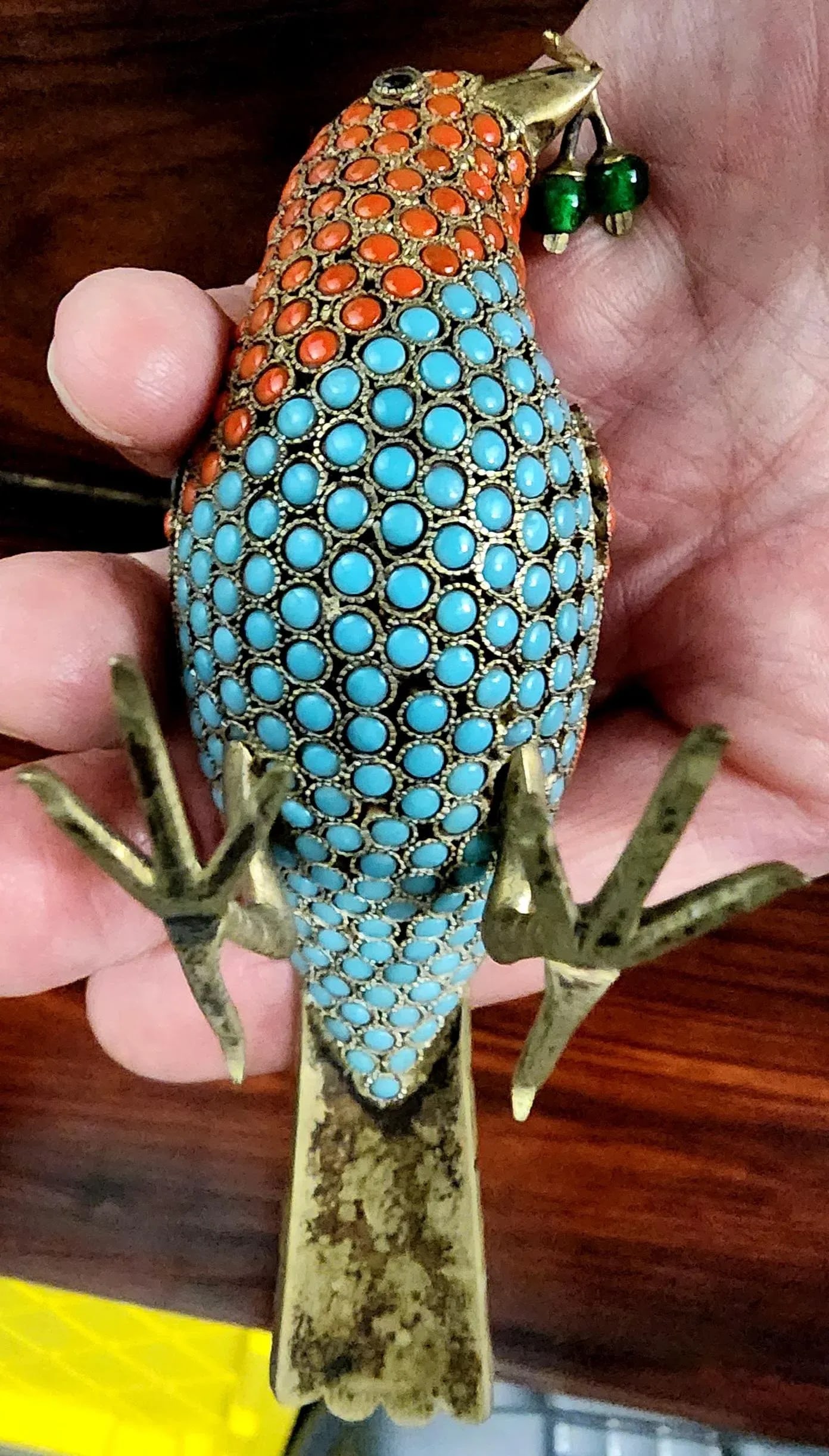 Beautiful Bronze Handmade Decorative Bird Figurine W/in-Laid Pure Turquoise & Red Coral - 10
