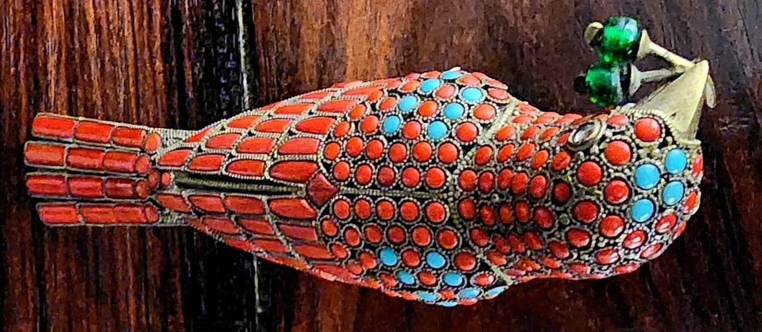 Beautiful Bronze Handmade Decorative Bird Figurine W/in-Laid Pure Turquoise & Red Coral - 11