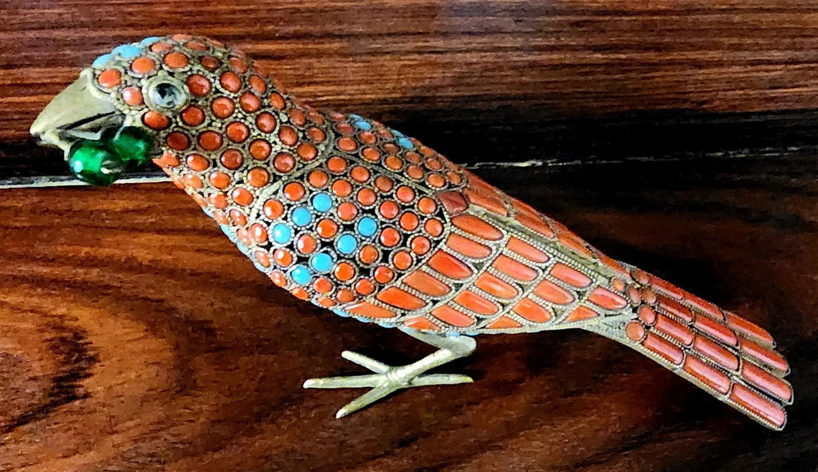 Beautiful Bronze Handmade Decorative Bird Figurine W/in-Laid Pure Turquoise & Red Coral - 12