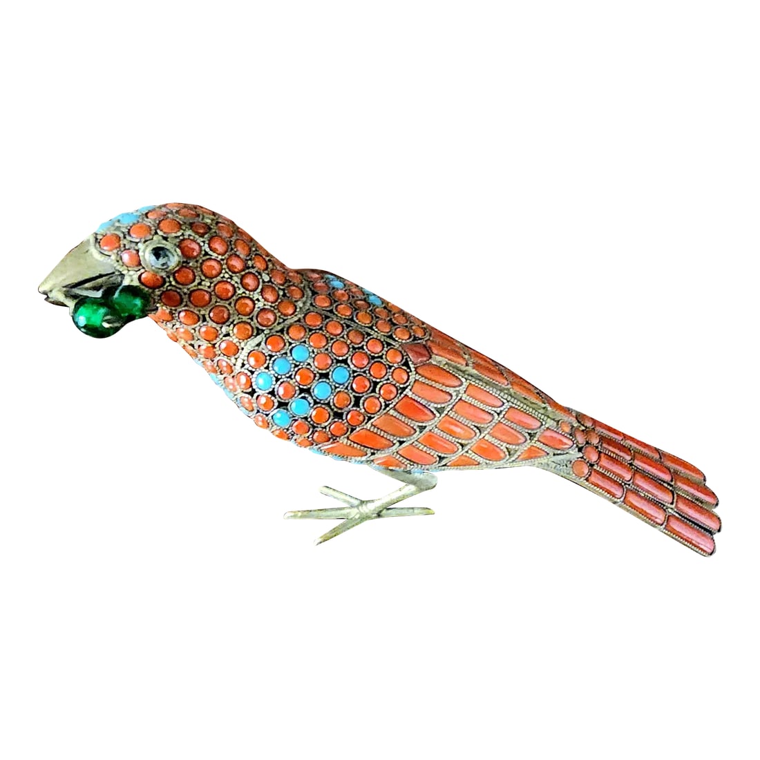 Beautiful Bronze Handmade Decorative Bird Figurine W/in-Laid Pure Turquoise & Red Coral: Vintage Asian Bronze Hand Crafted Decorative Bird. In-laid Pure Turquoise and Red Coral. Made in Asia, No Maker Mark. Excellent Quality Asian Craftmanship Dimensions: 5" Length, 2 3/4" Height