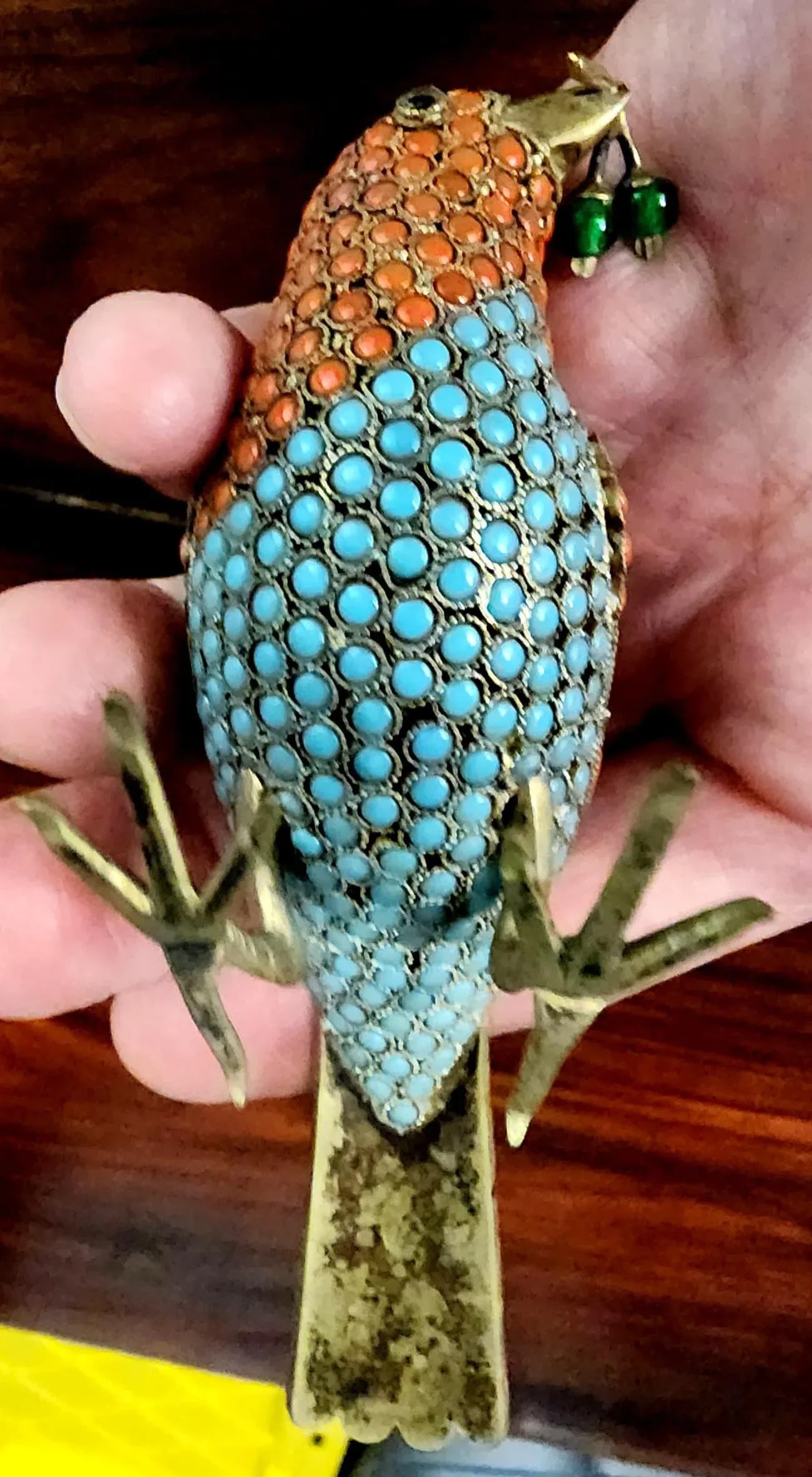 Beautiful Bronze Handmade Decorative Bird Figurine W/in-Laid Pure Turquoise & Red Coral - 3