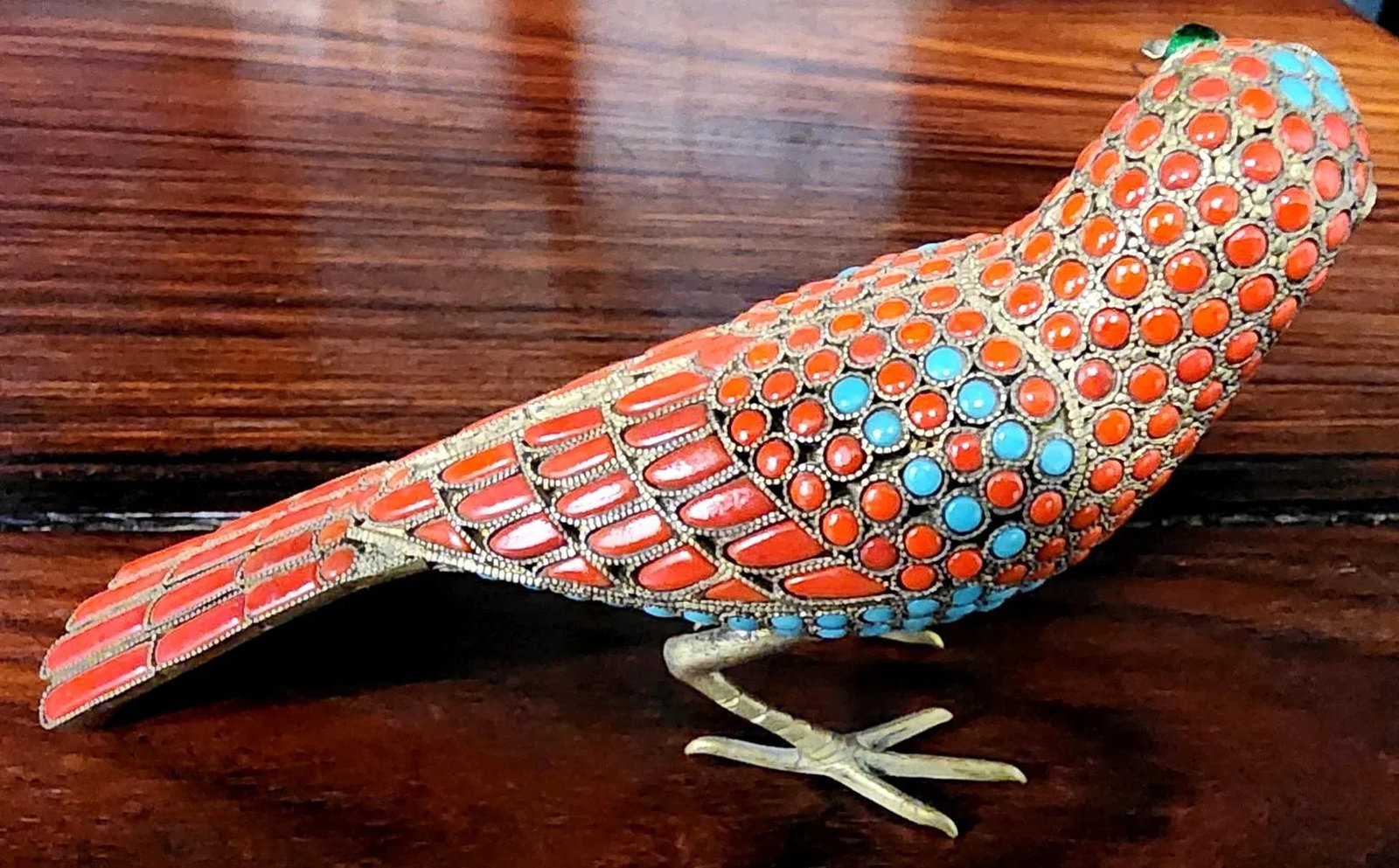 Beautiful Bronze Handmade Decorative Bird Figurine W/in-Laid Pure Turquoise & Red Coral - 4